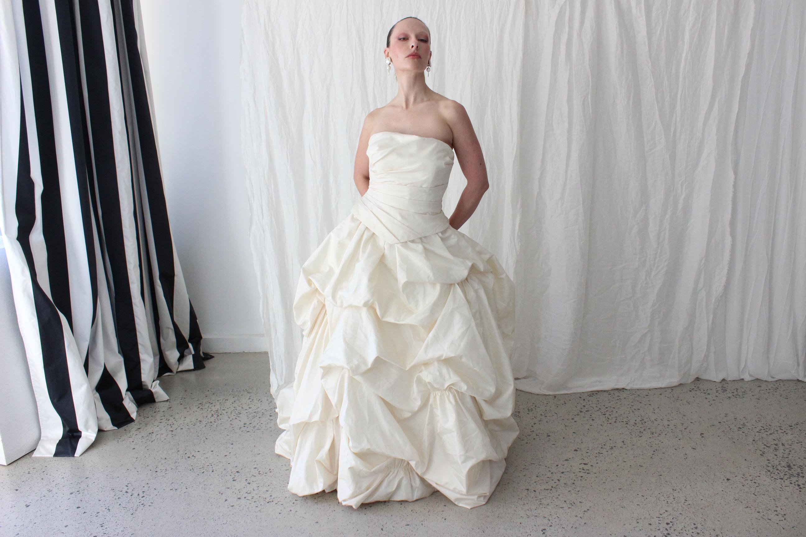 Outrageous 90s Bubble Taffeta Strapless Corset Wedding Gown