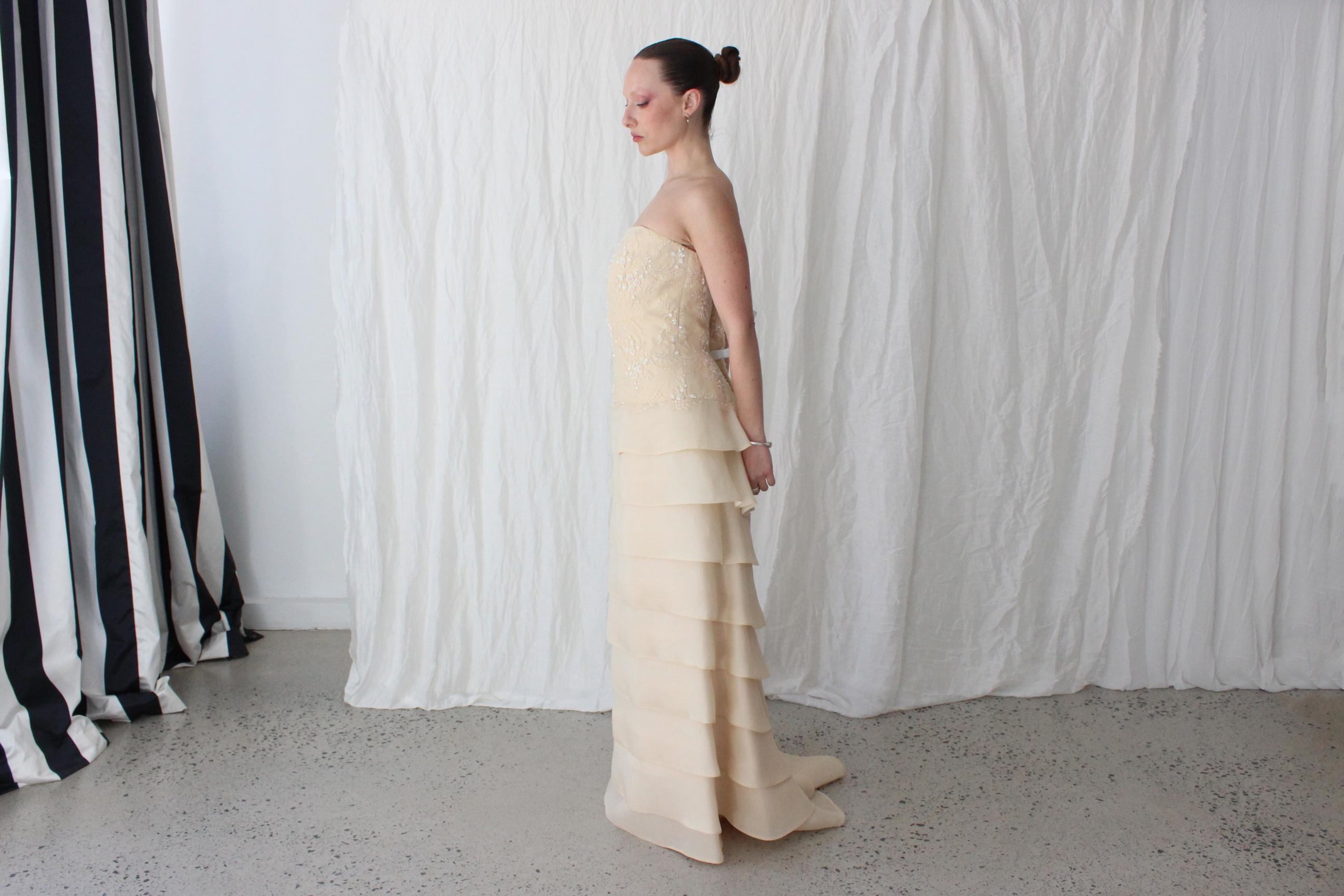 90s Lace & Silk Organza Strapless Tiered Gown