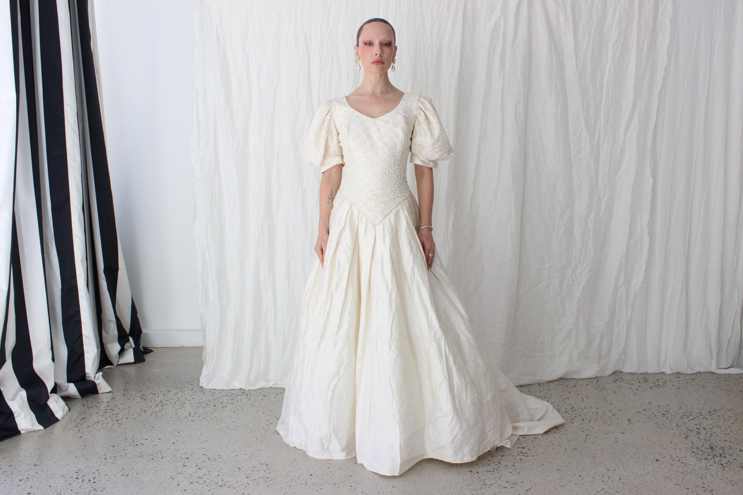 Glorious 80s Silk Dupion Puff Sleeve, Basque Waist Gown w/ Beaded Bodice