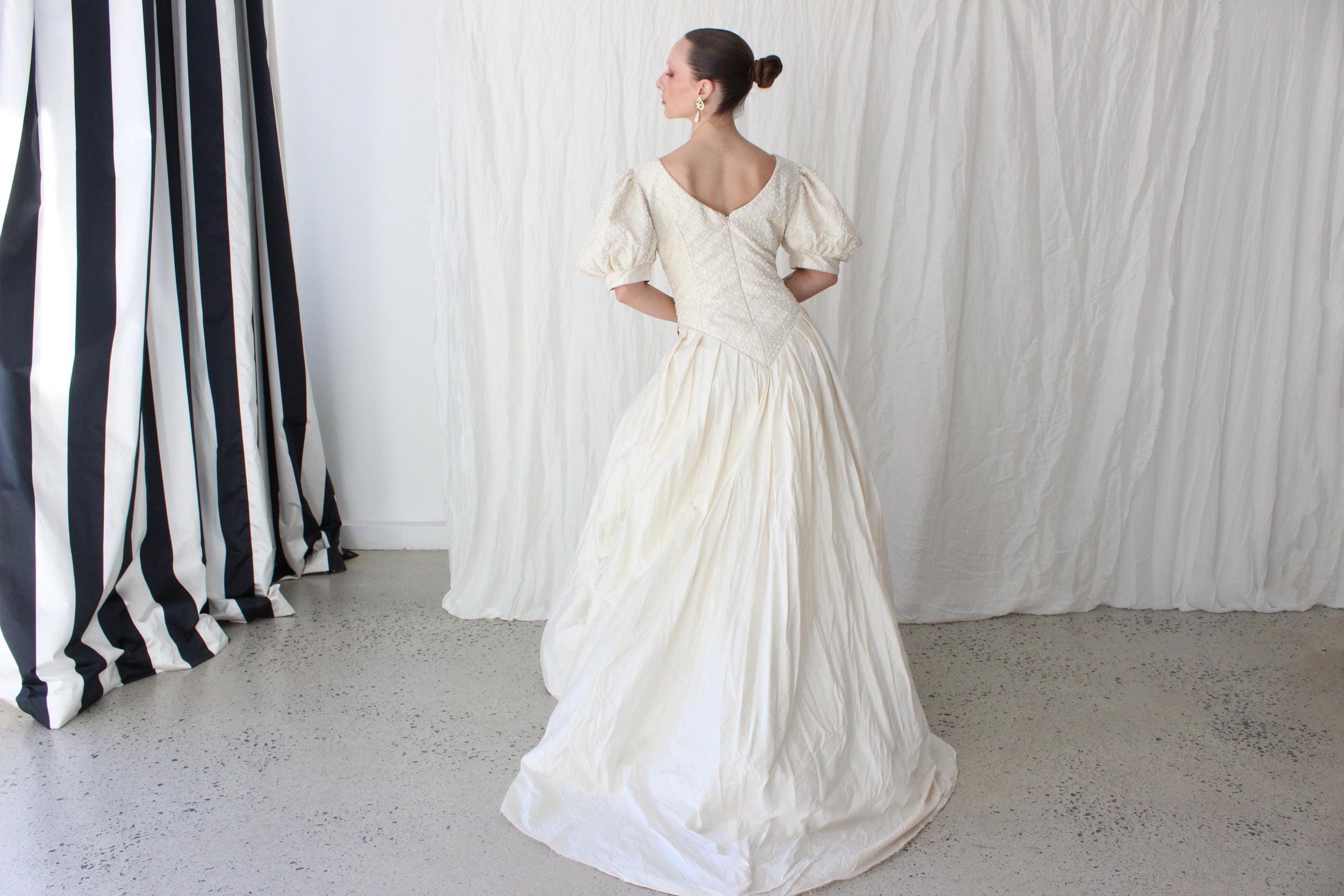 Glorious 80s Silk Dupion Puff Sleeve, Basque Waist Gown w/ Beaded Bodice