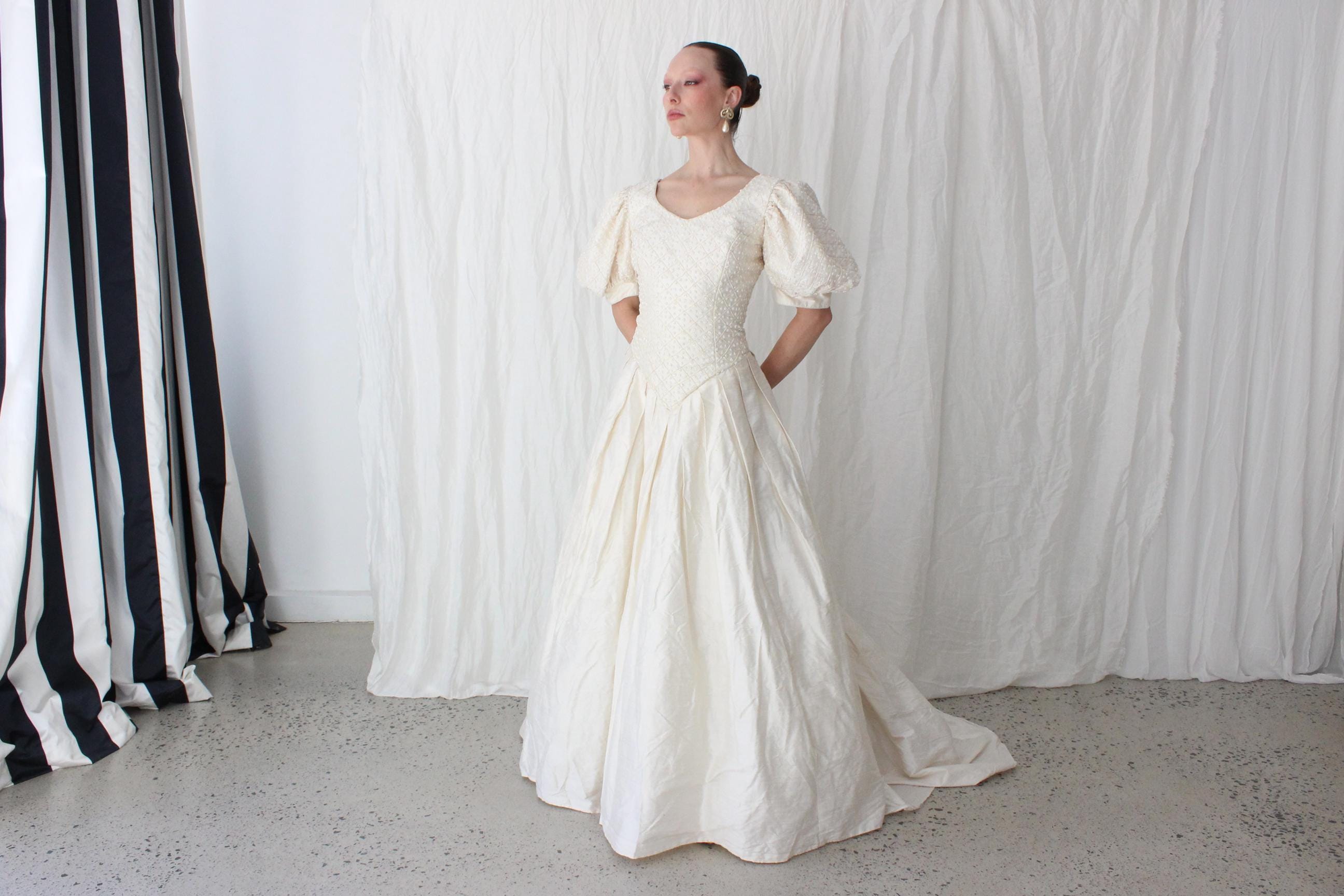 Glorious 80s Silk Dupion Puff Sleeve, Basque Waist Gown w/ Beaded Bodice