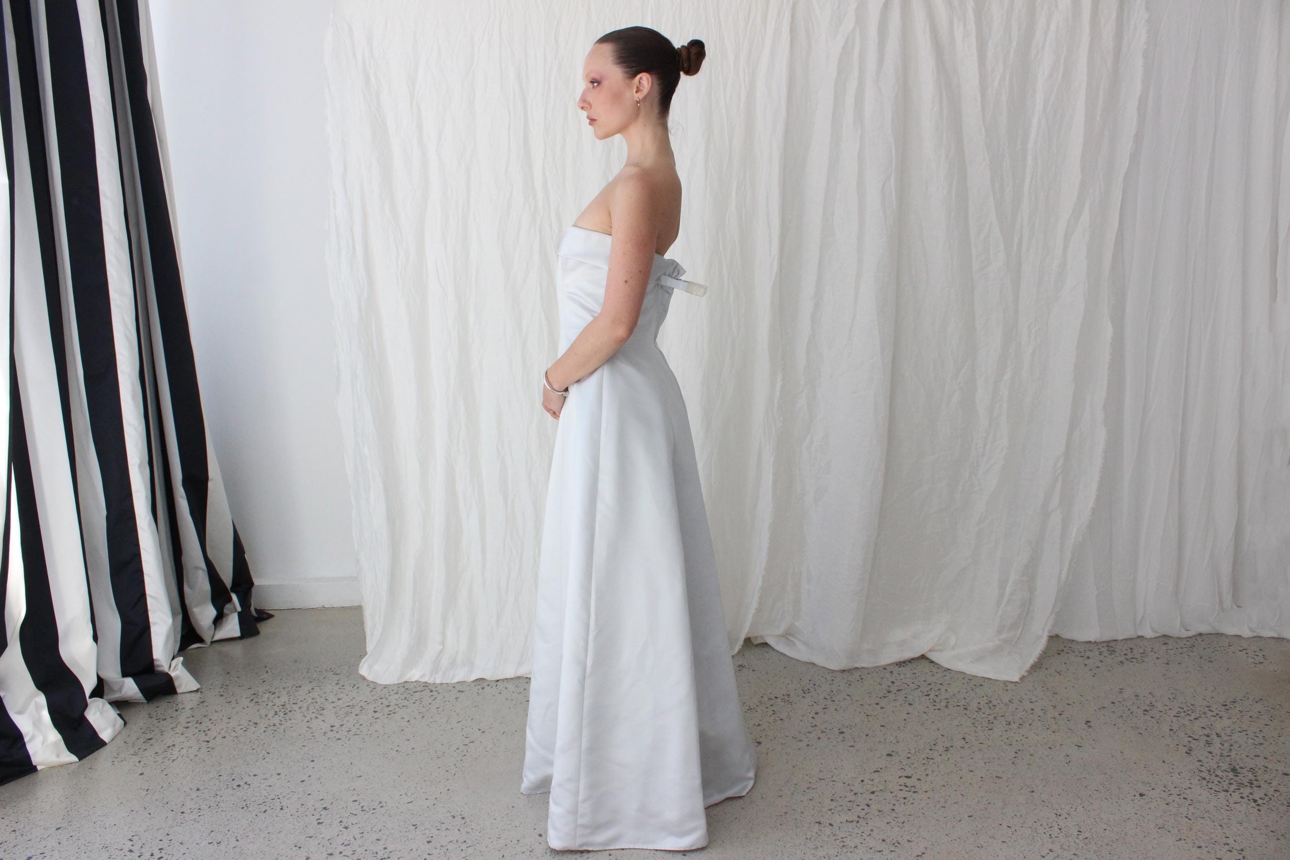 90s Ice Blue Duchess Satin Strapless Gown by Matthew Eager