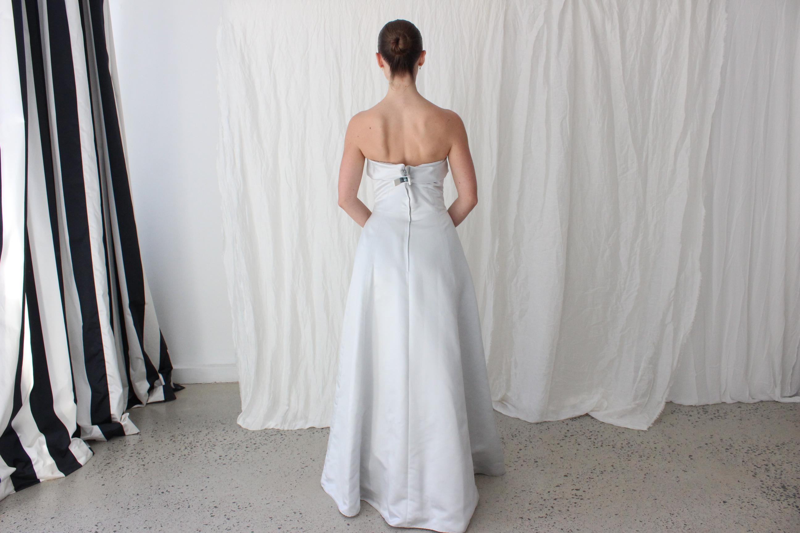 90s Ice Blue Duchess Satin Strapless Gown by Matthew Eager