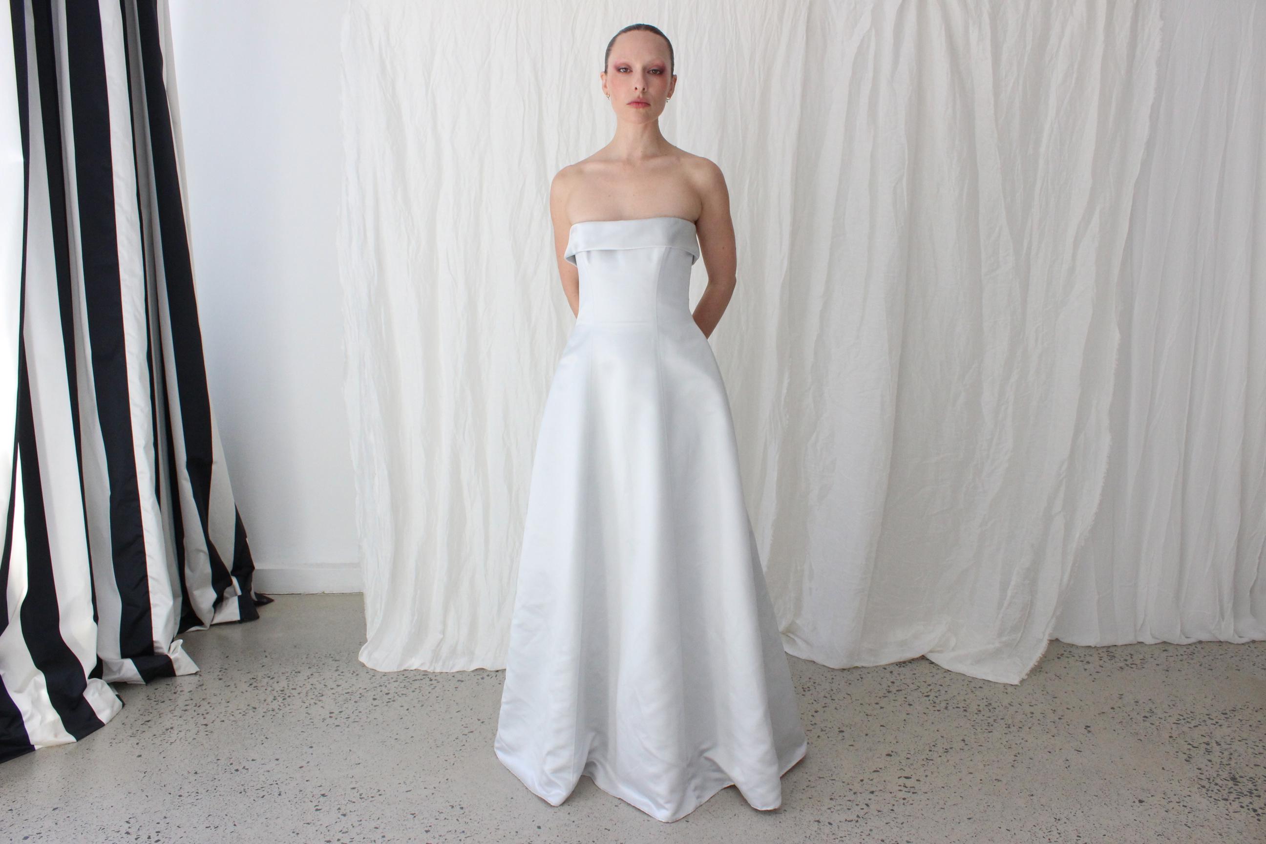 90s Ice Blue Duchess Satin Strapless Gown by Matthew Eager