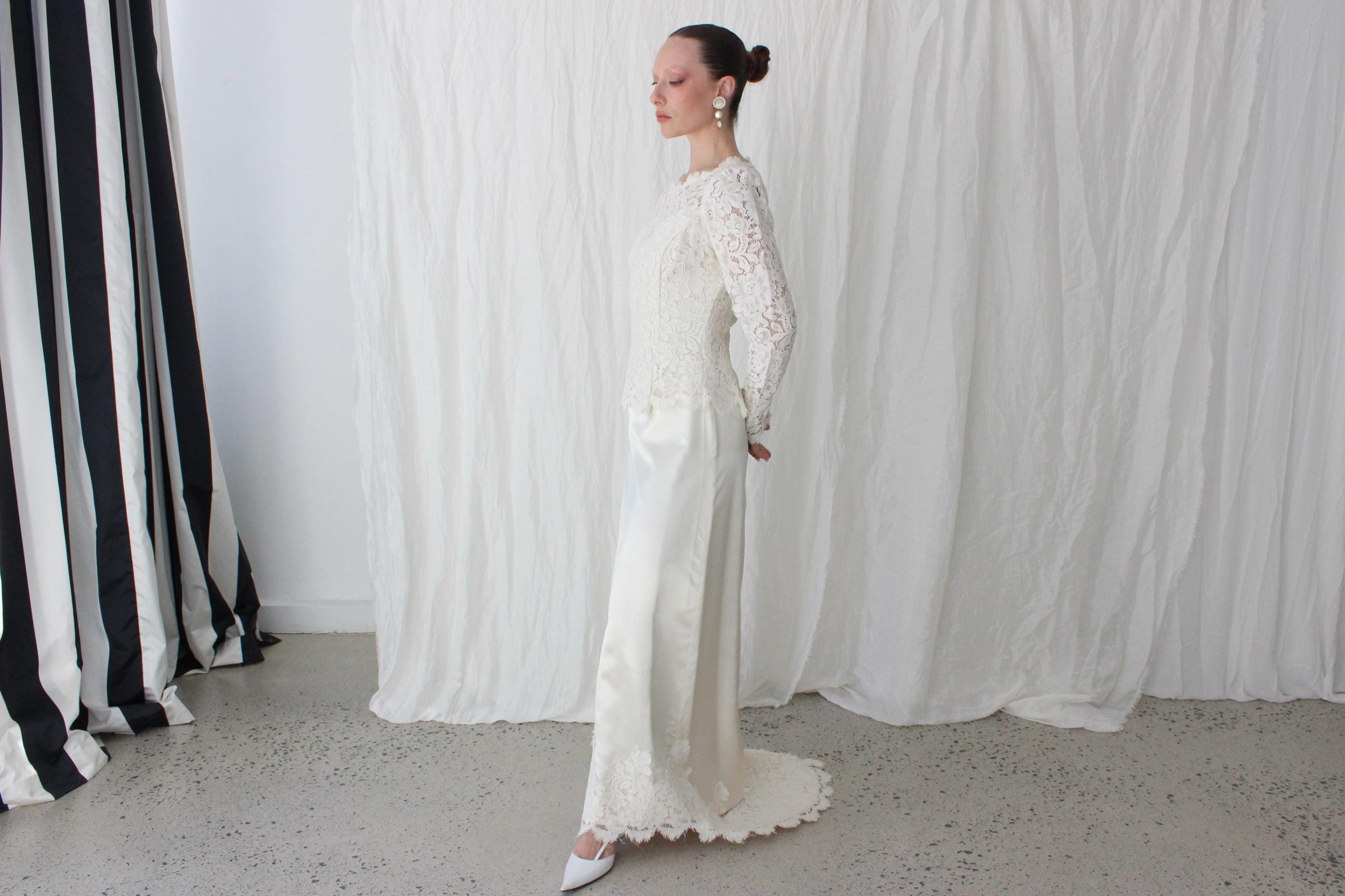 Handmade 80s Scalloped Lace & Satin Long Sleeve Gown