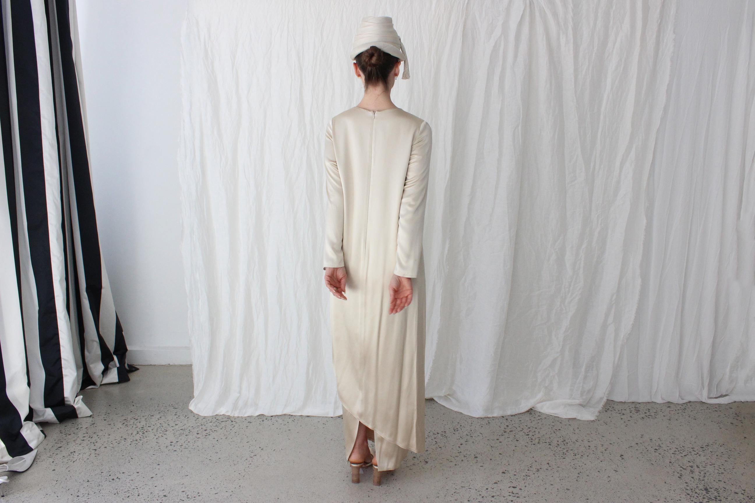 Abstract 80s Silk Satin Double Layer Sheath Gown
