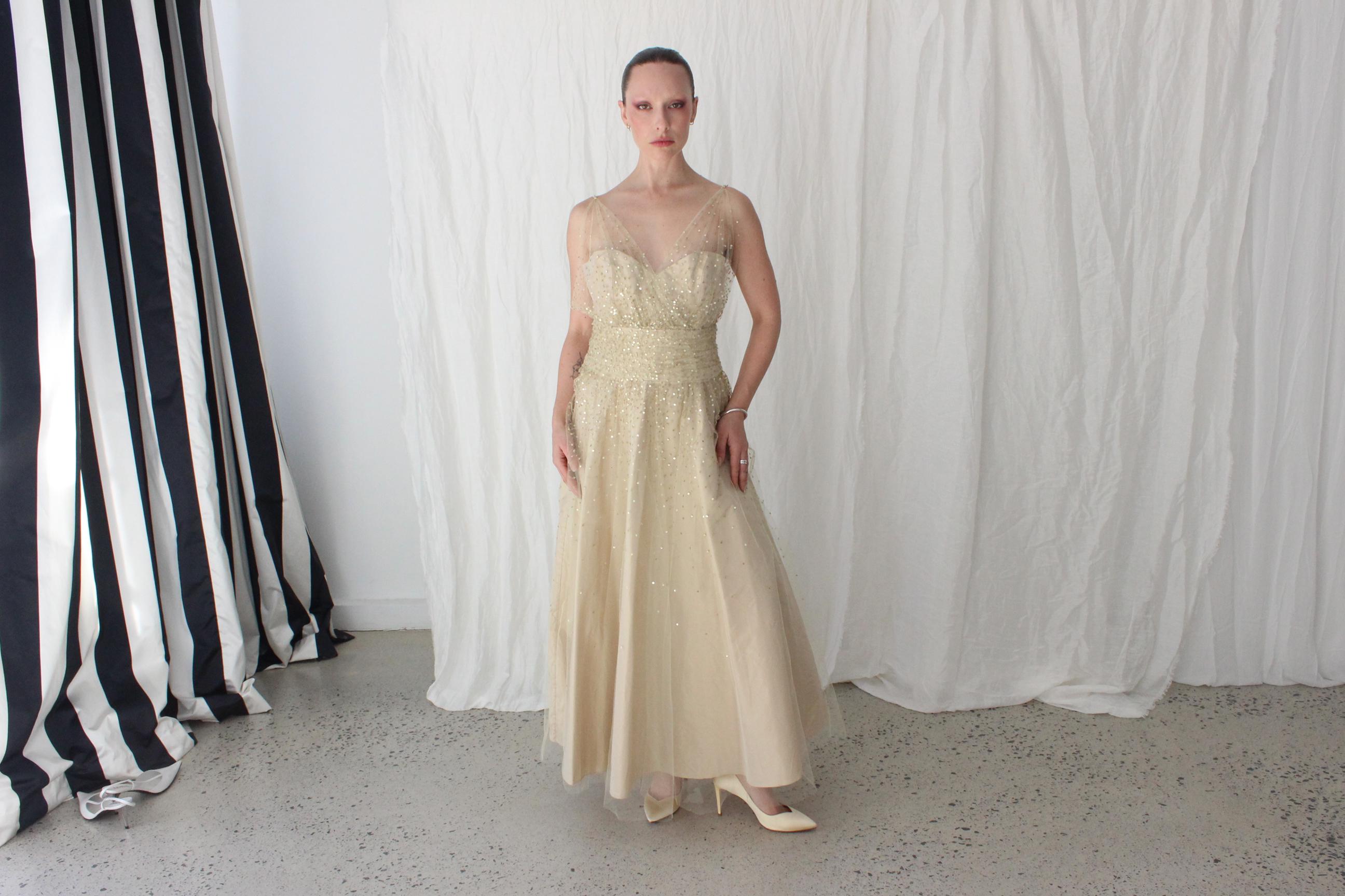 Old Hollywood Glamour Silk Taffeta & Sequin Tulle Cocktail Gown by Roland Nivelais