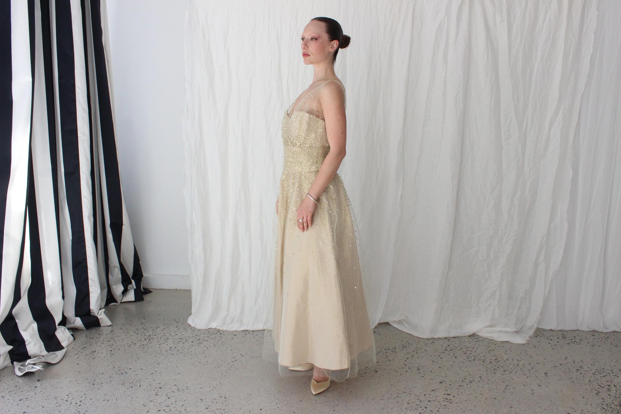 Old Hollywood Glamour Silk Taffeta & Sequin Tulle Cocktail Gown by Roland Nivelais