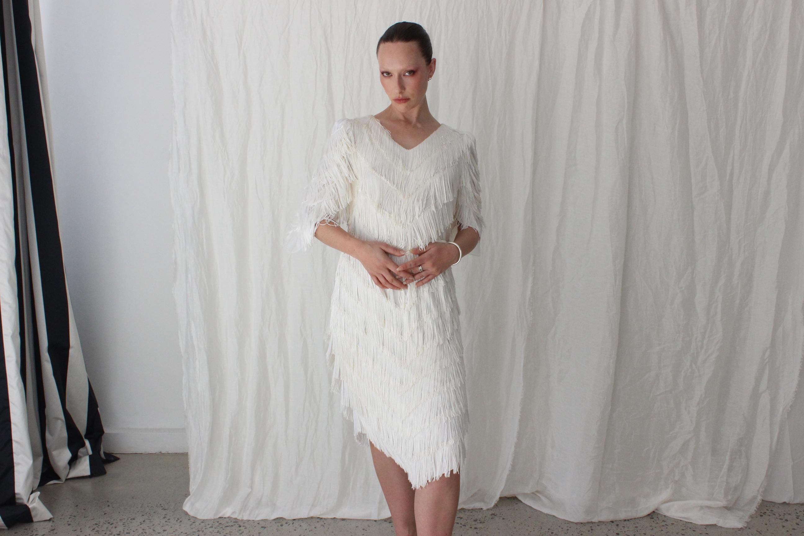 80s Lush Tassel Cha Cha Bridal Cocktail Dress
