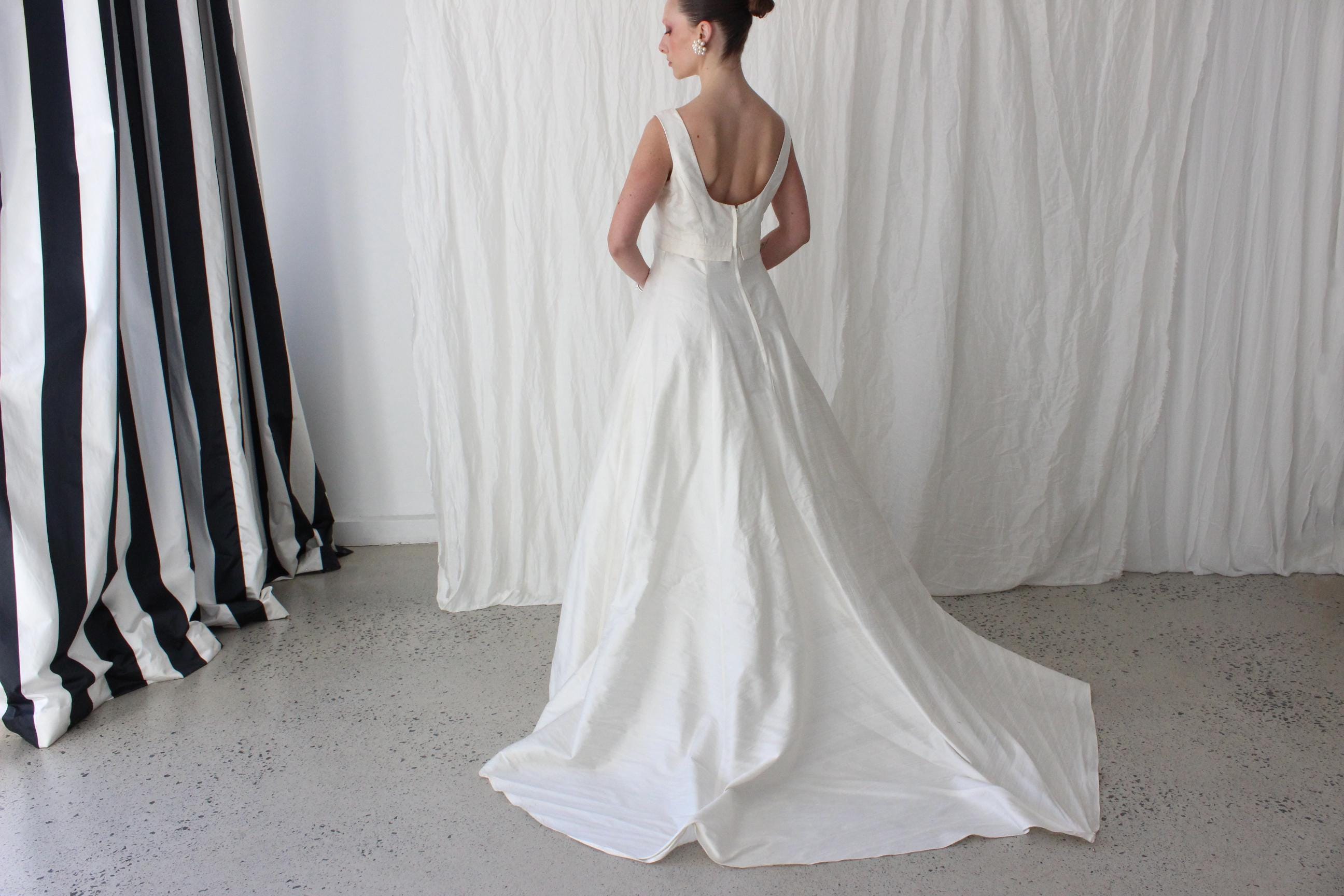 90s British Vintage Silk Dupion Empire Waist A Line Gown