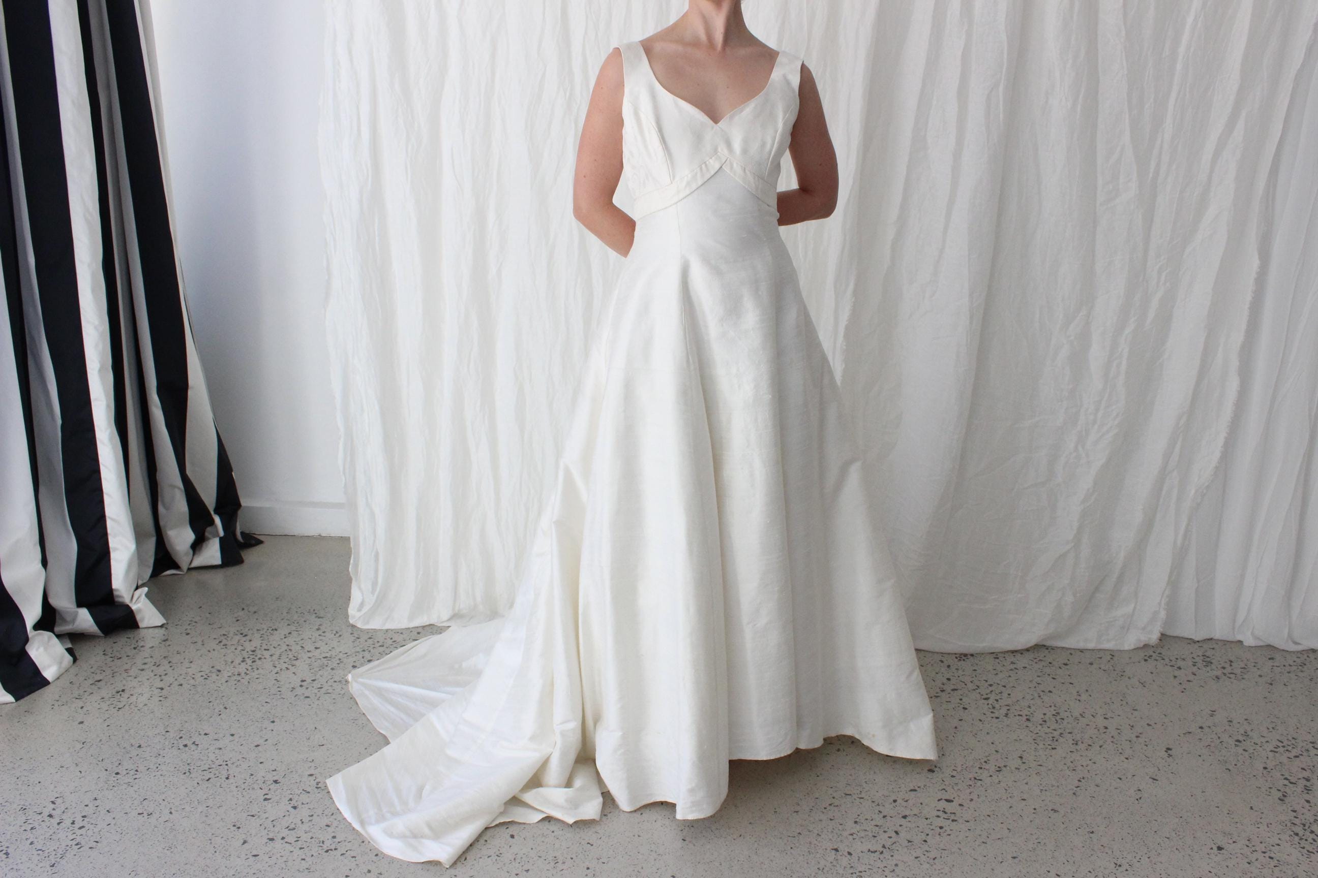 90s British Vintage Silk Dupion Empire Waist A Line Gown
