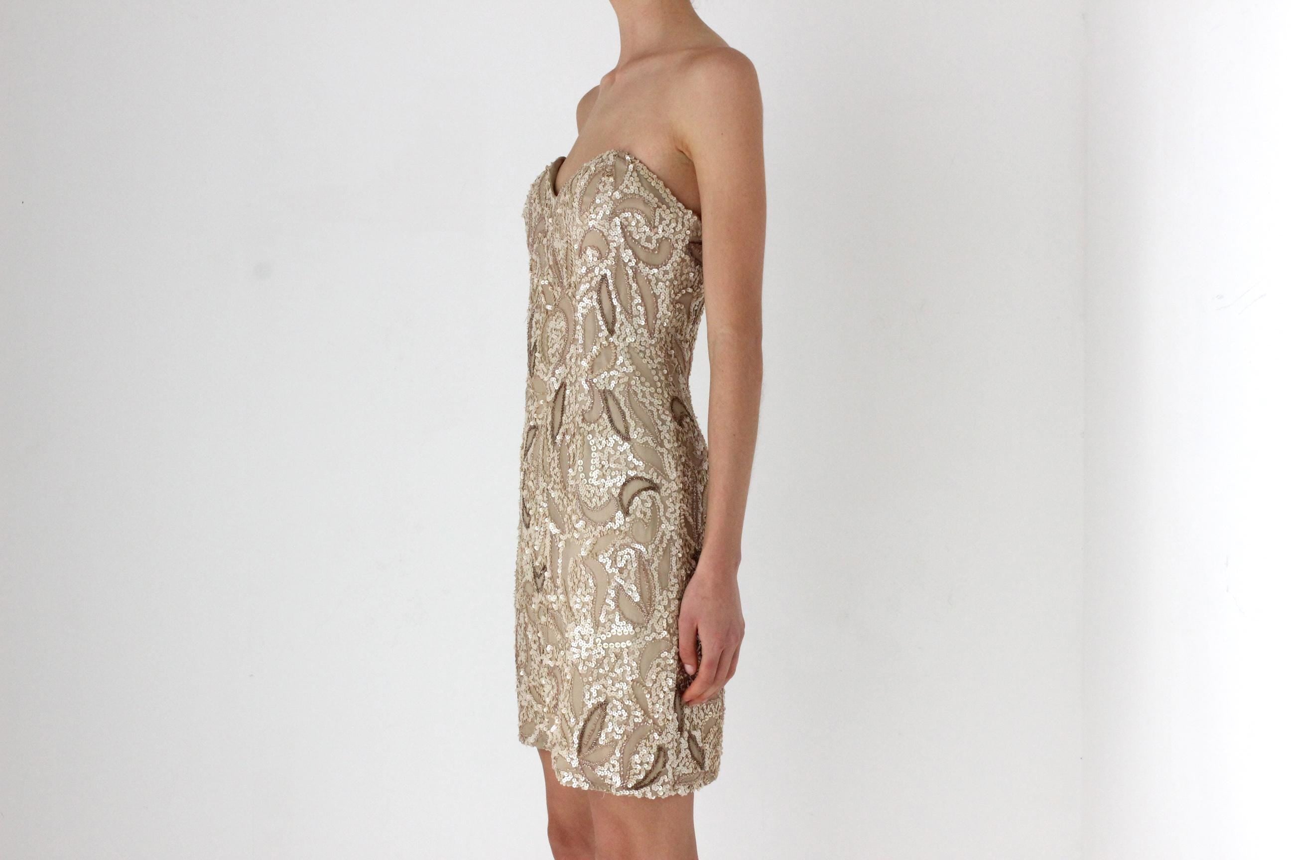 80s Tan / Nude / Golden Sequin & Silk Strapless Mini