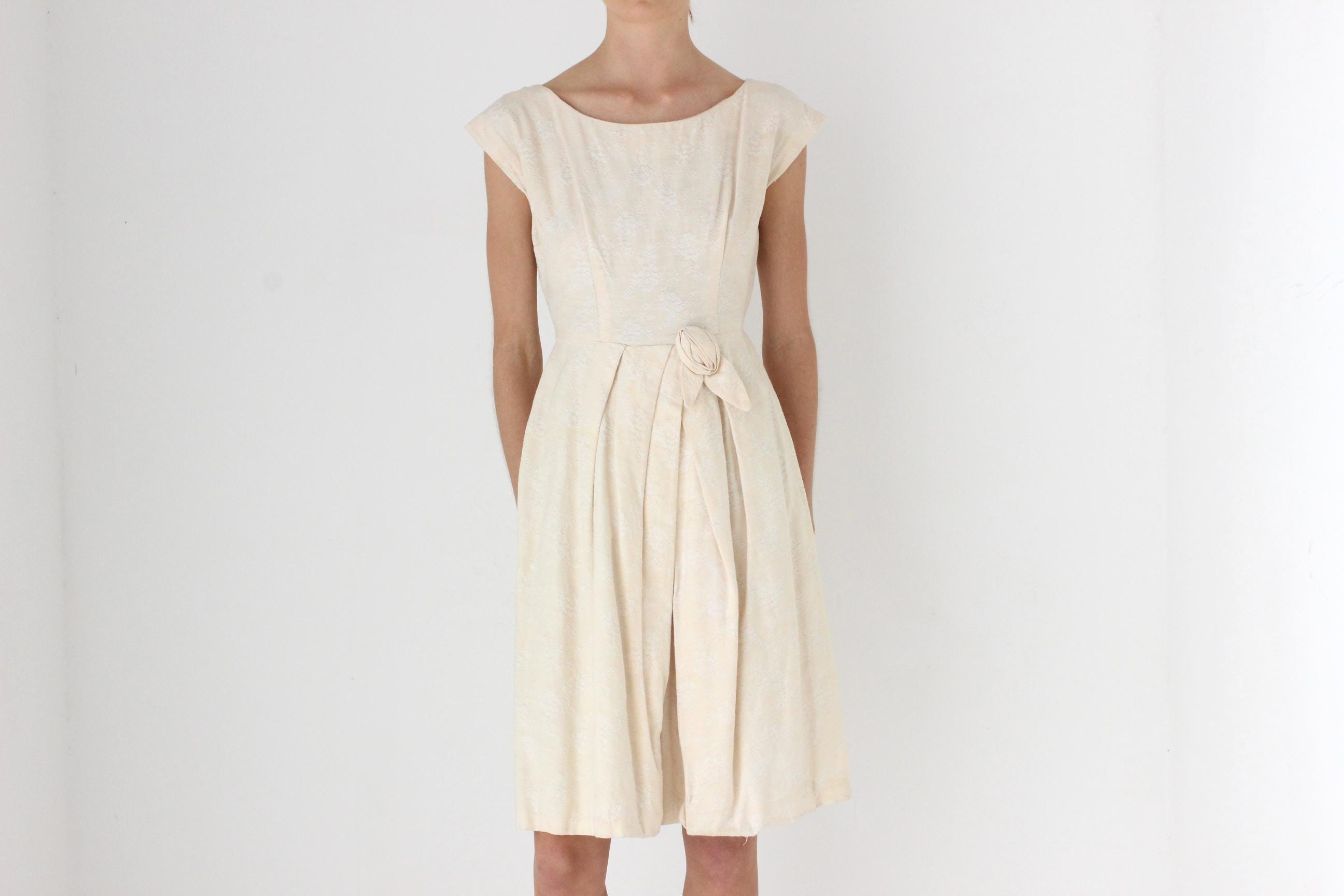 50s Buttercream Embroidered Jacquard Cotton Bubble Skirt Dress