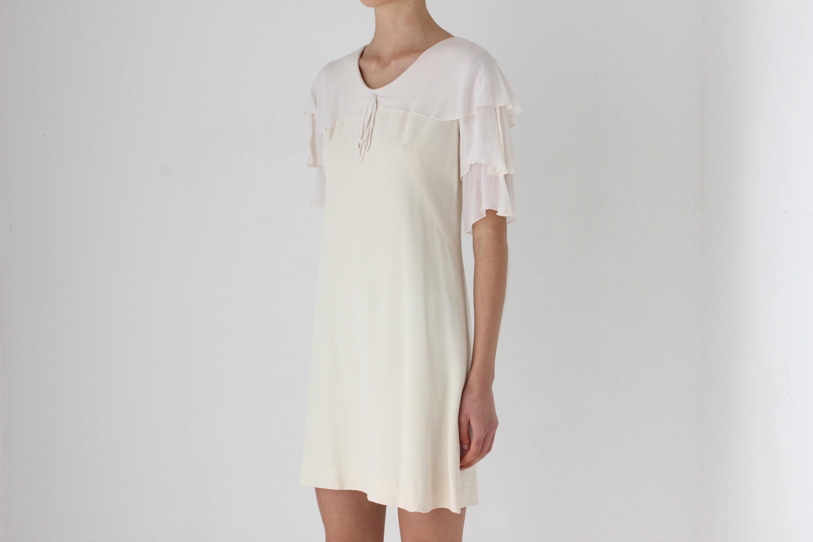 60s Cream Crepe Ruffle Sleeve Mini Wedding Dress
