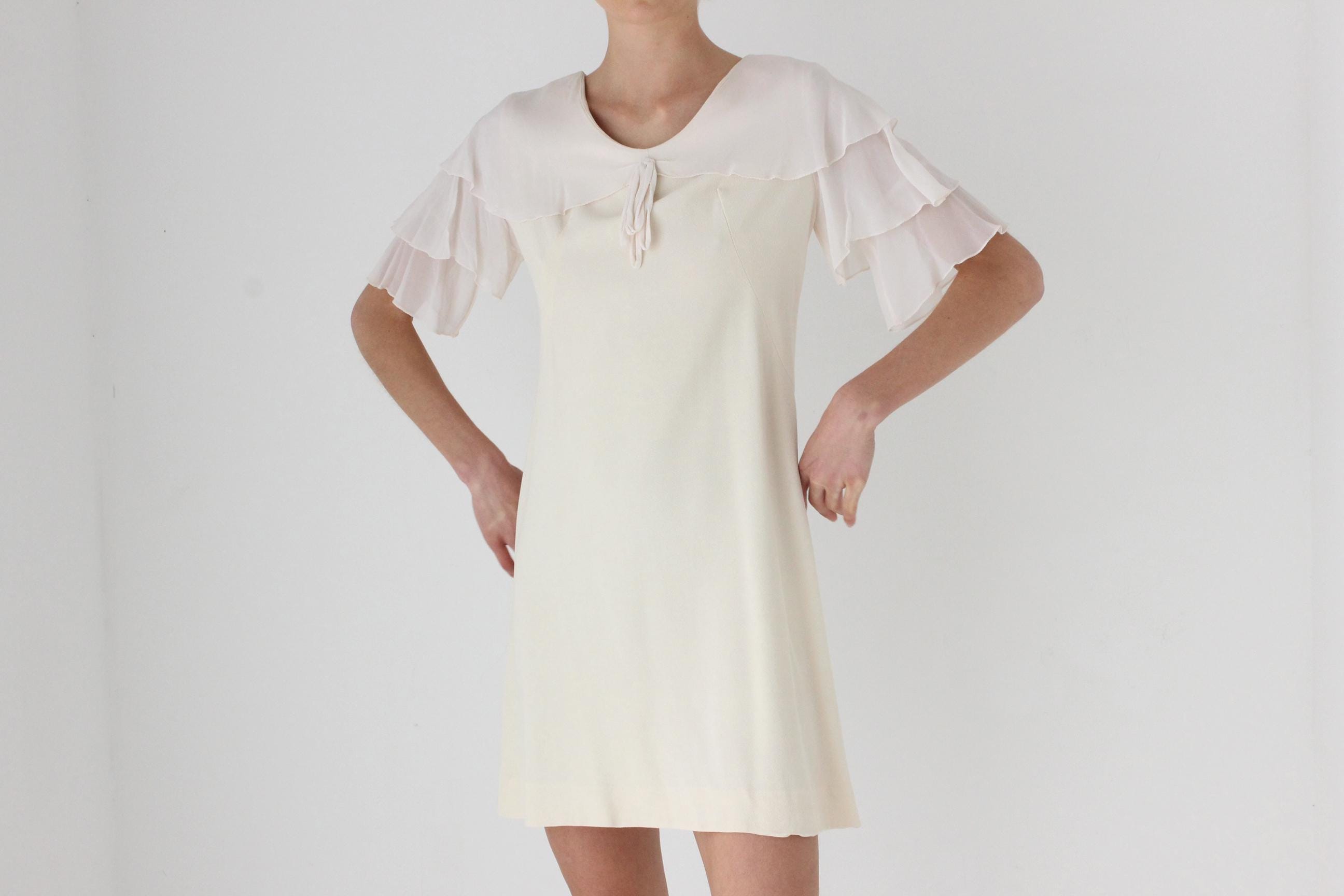 60s Cream Crepe Ruffle Sleeve Mini Wedding Dress