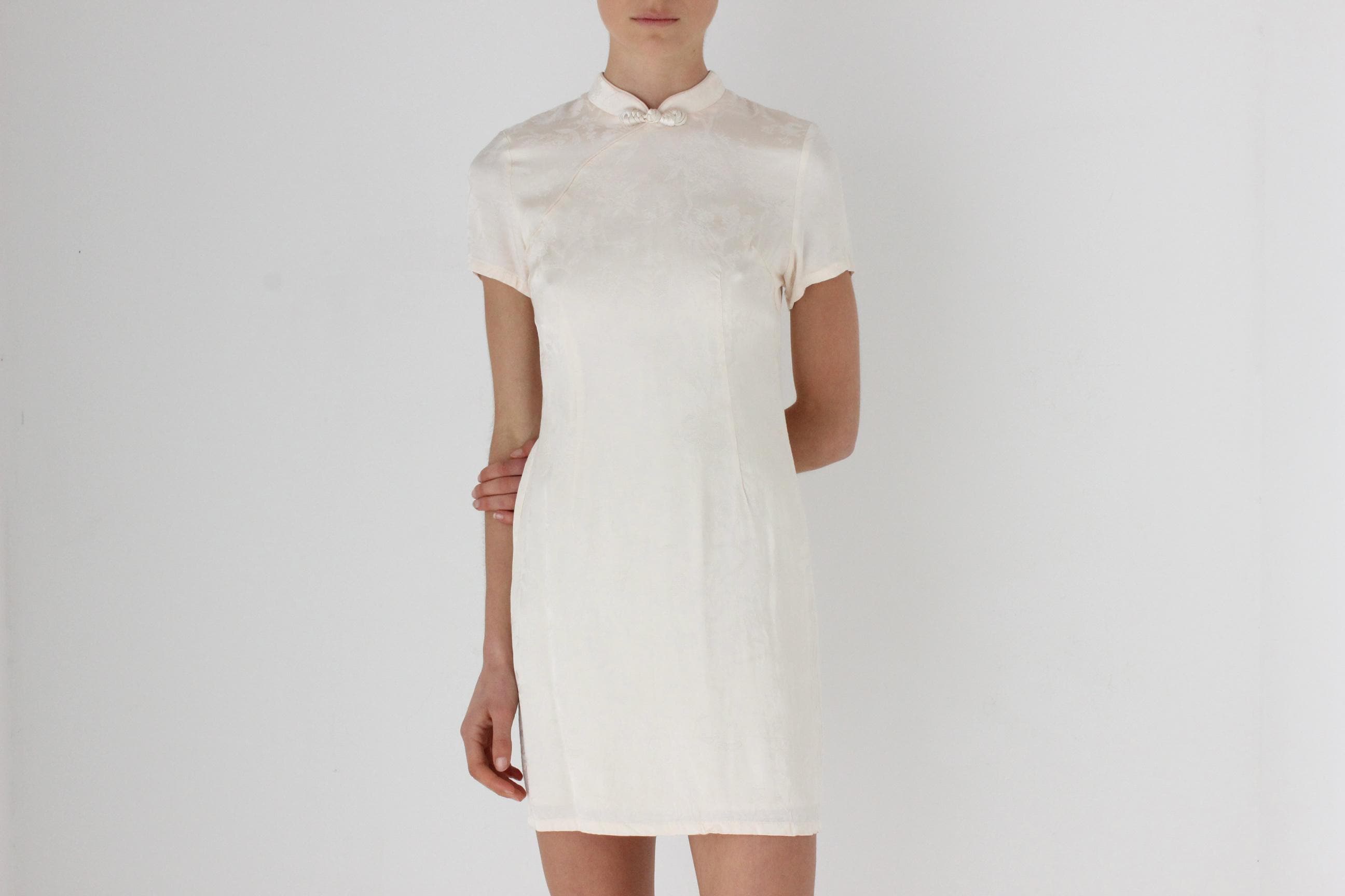 80s Mandarin Collar Embossed Satin Mini