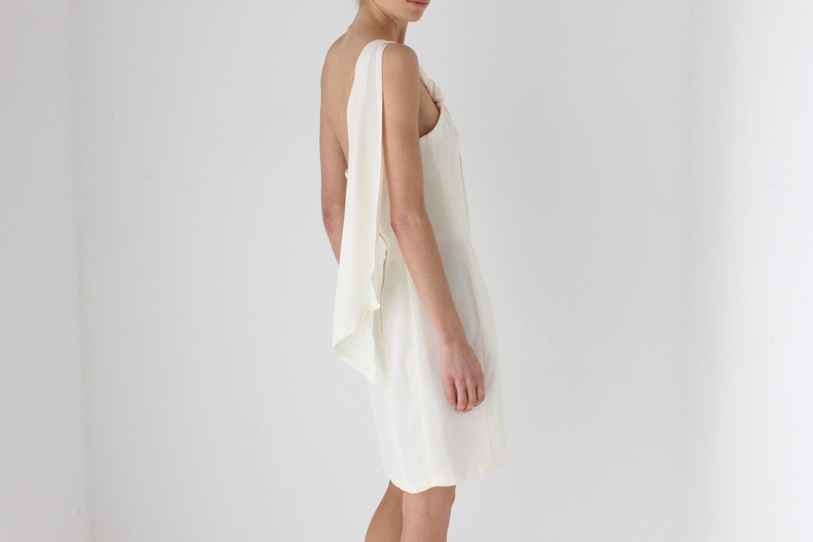 80s Cream Crepe Asymmetric One Shoulder Vintage Cocktail Dress w/ Draped Detail