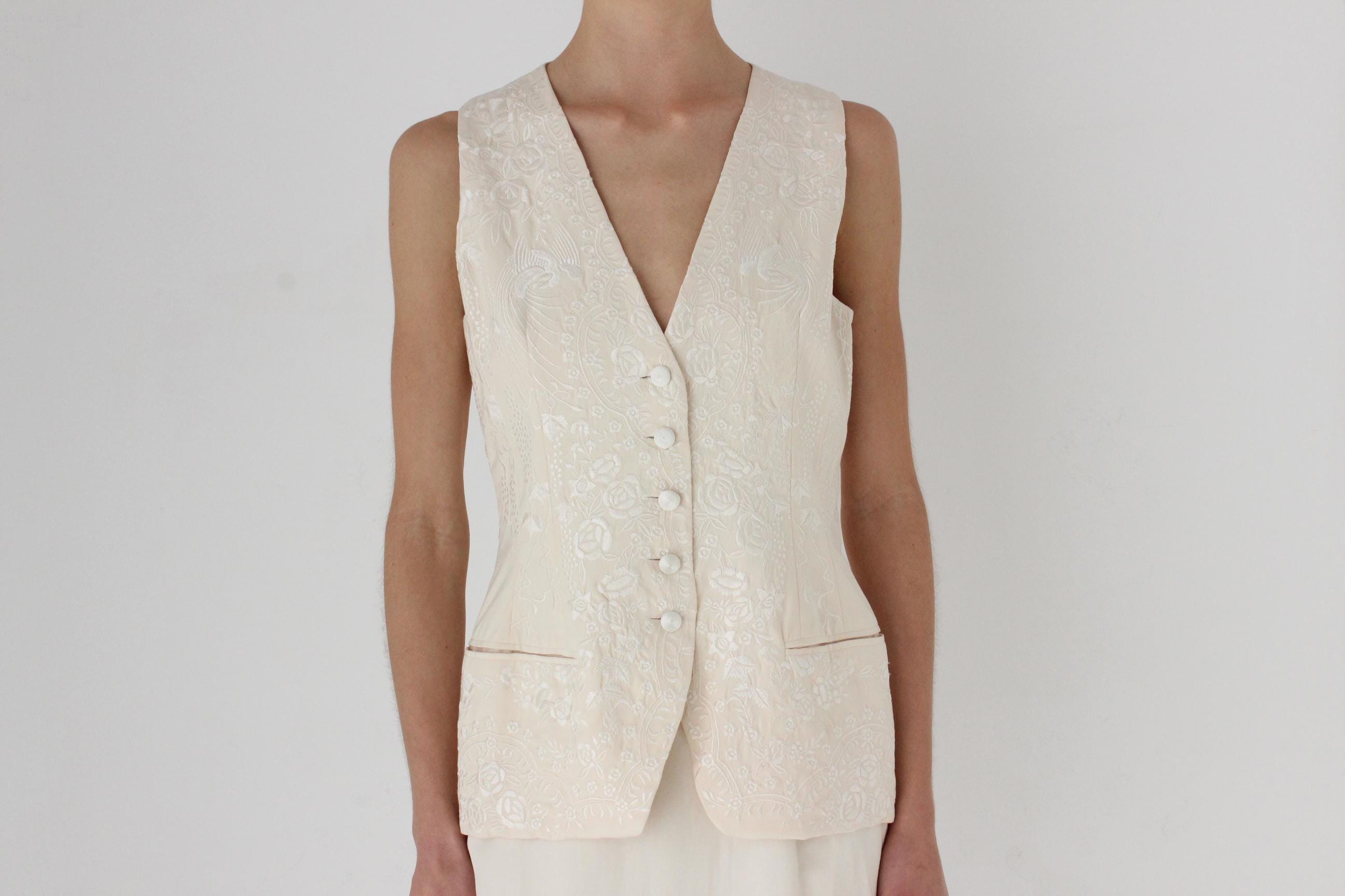 90s Donna Karan Embroidered Silk Two Piece Skirt Suit