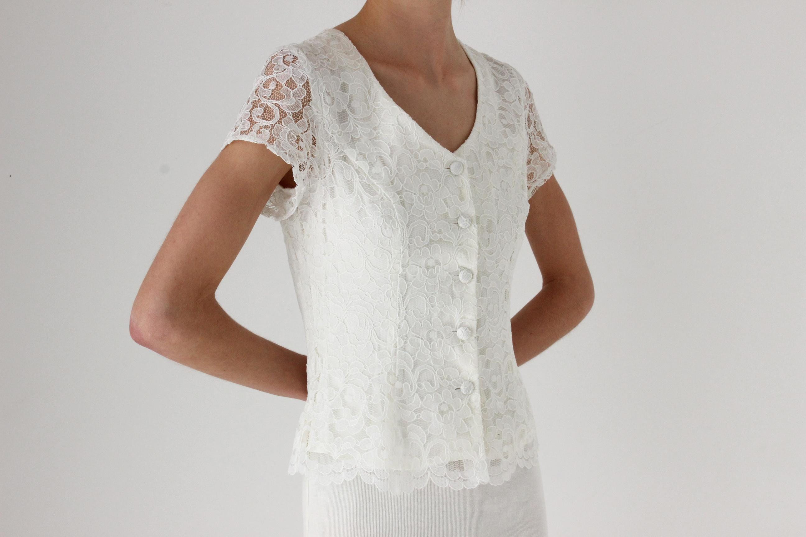 90s Ivory Lace Button Front Top