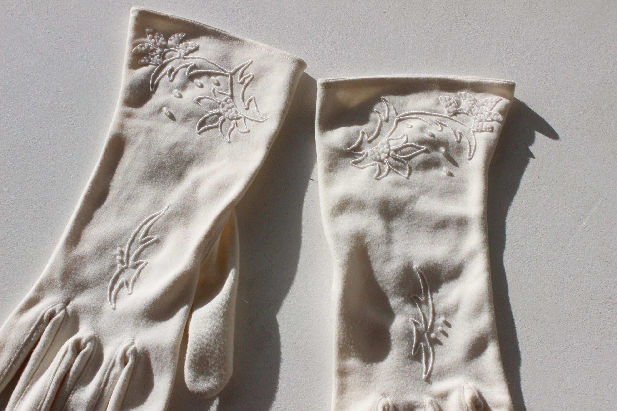 80s Glass Bead Stretch Nylon Bridal Gloves