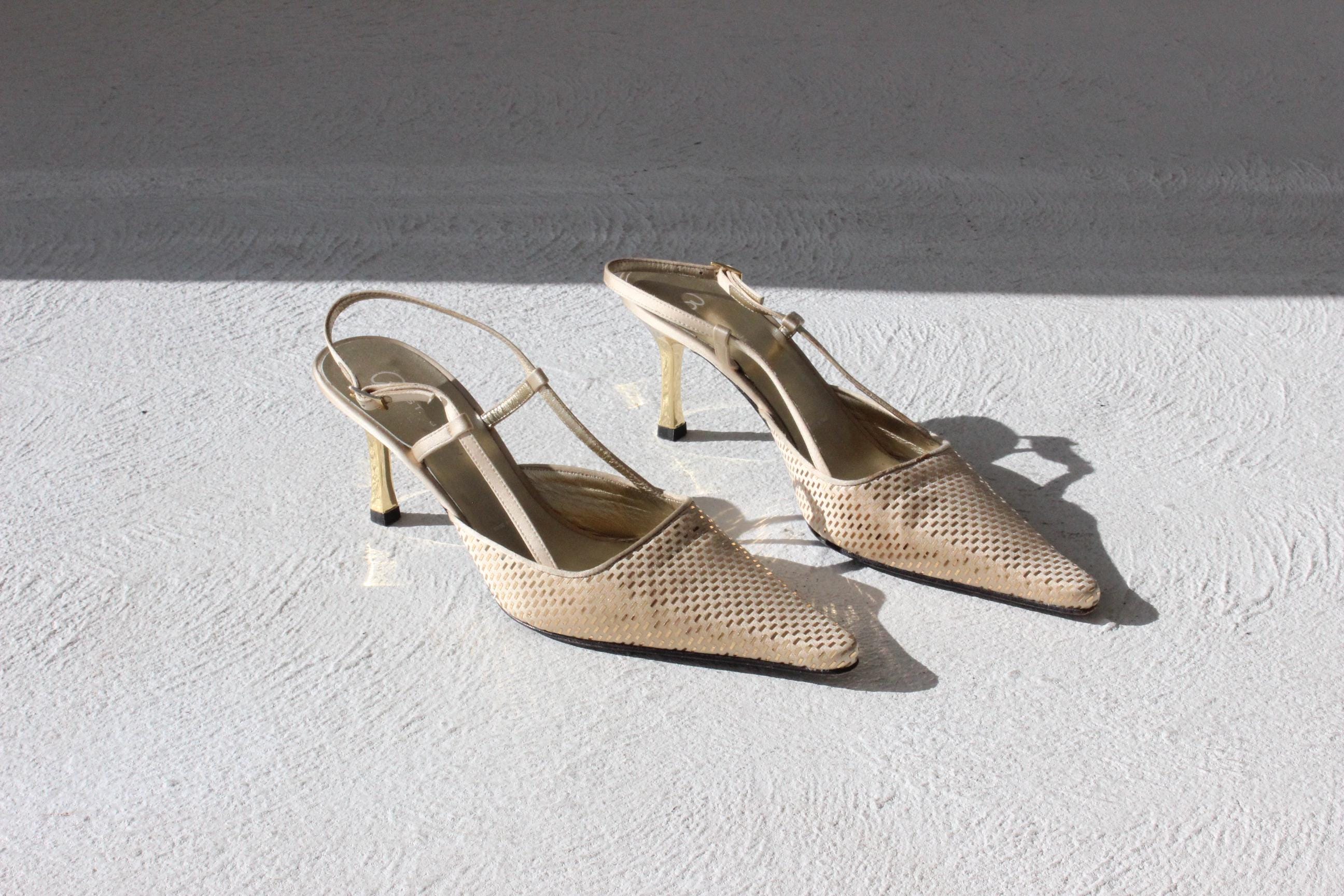 Y2K St John Gold Metallic Mirrorball Slingback Heels ~ Euro 39.5
