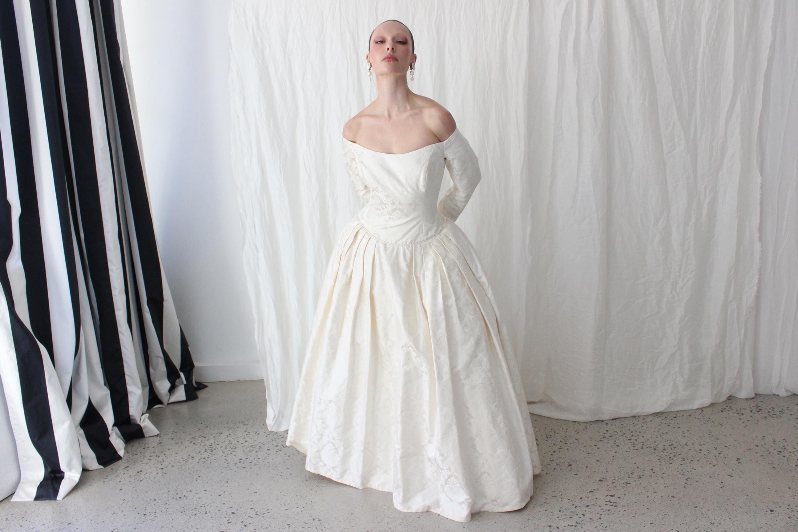 1996 Custom Mariana Hardwick Renaissance Bride Off Shoulder Jacquard Courtier Gown
