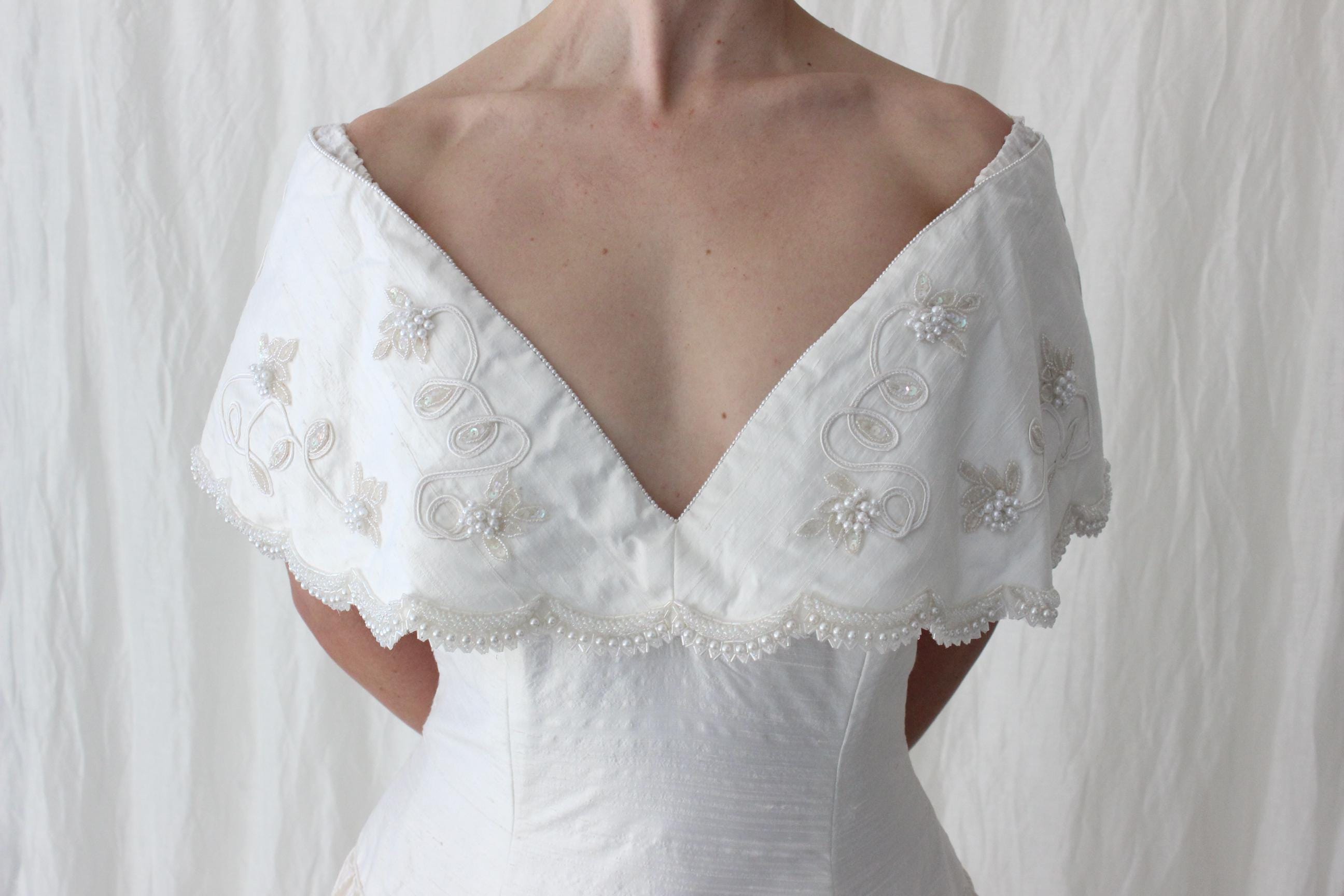 80s Silk Dupion Off Shoulder Gown w/ Pearl Scalloped Trim