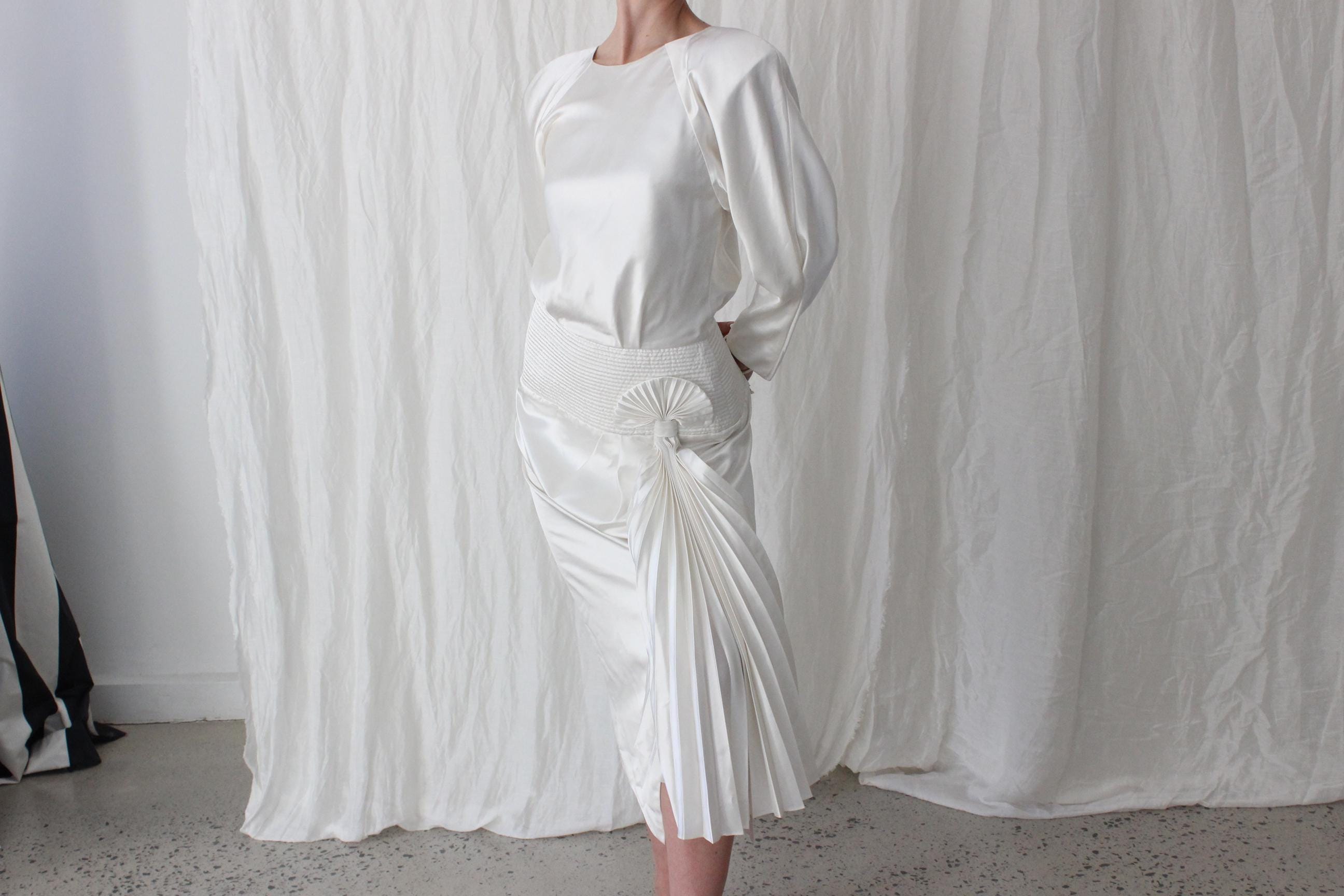 Fabulous 80s Iridescent Long Sleeve Dress w/ Quilted Cummerbund & Pleated Fan Detail