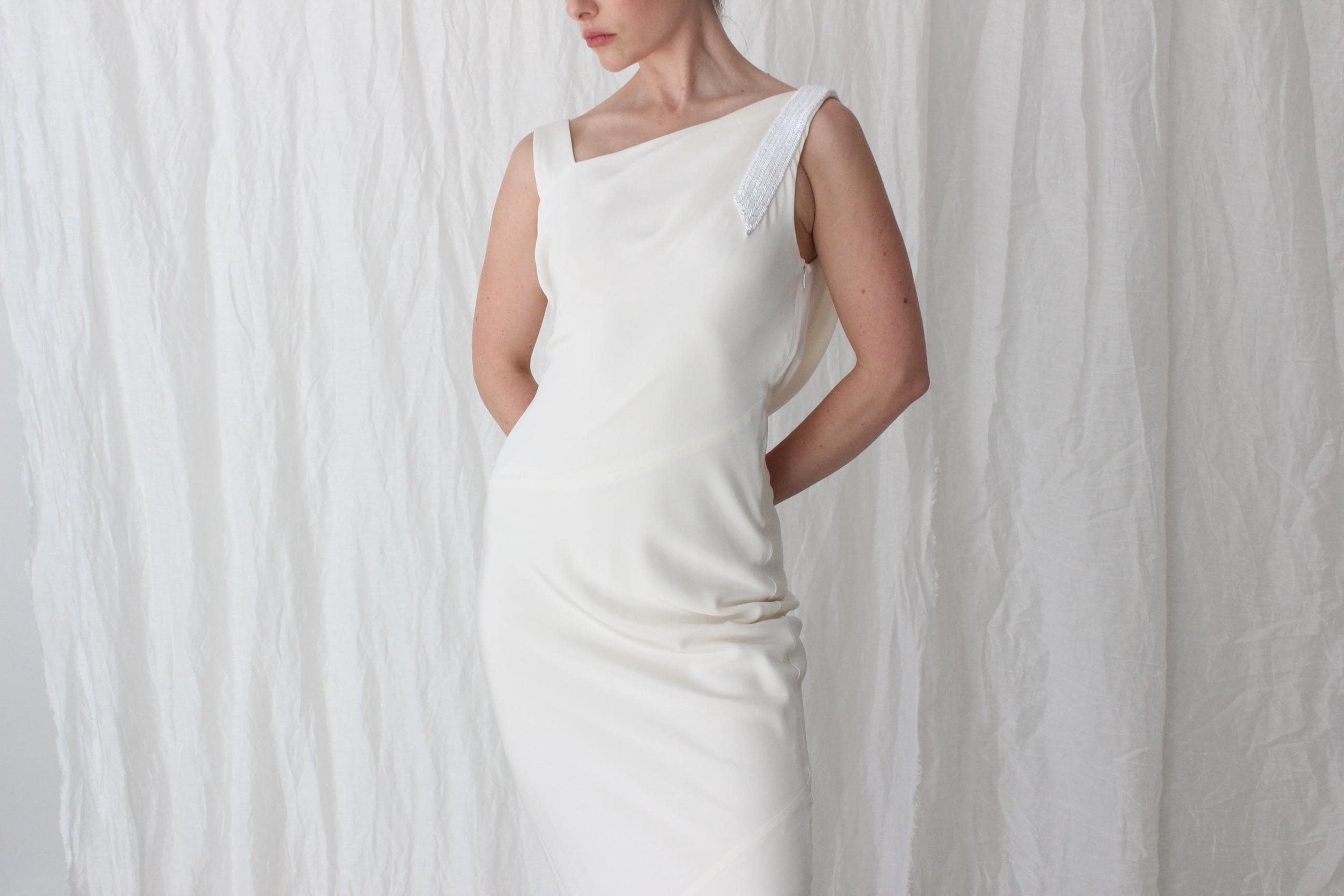 90s Nicole Miller Asymmetric Silk Bias Cut Gown w/ Beaded Detailing & Draped Back
