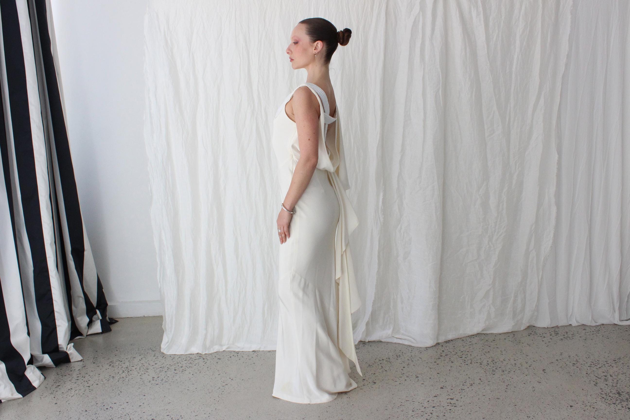 90s Nicole Miller Asymmetric Silk Bias Cut Gown w/ Beaded Detailing & Draped Back