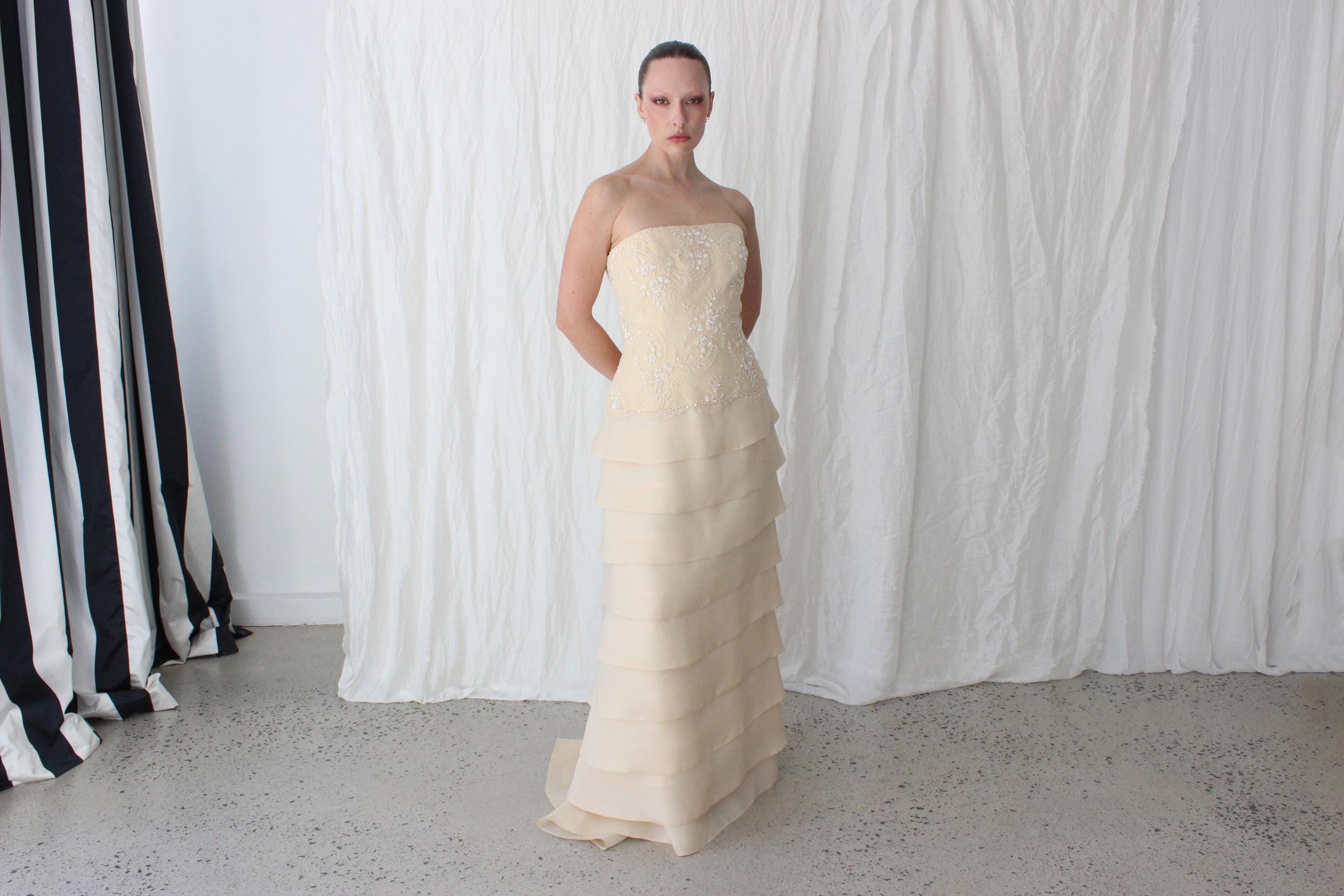 90s Lace & Silk Organza Strapless Tiered Gown
