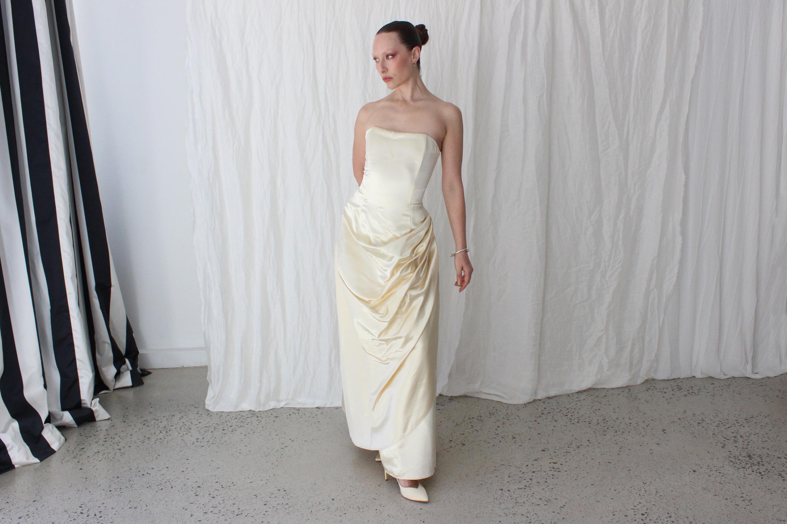 90s Butter Satin Strapless Draped Corset Gown