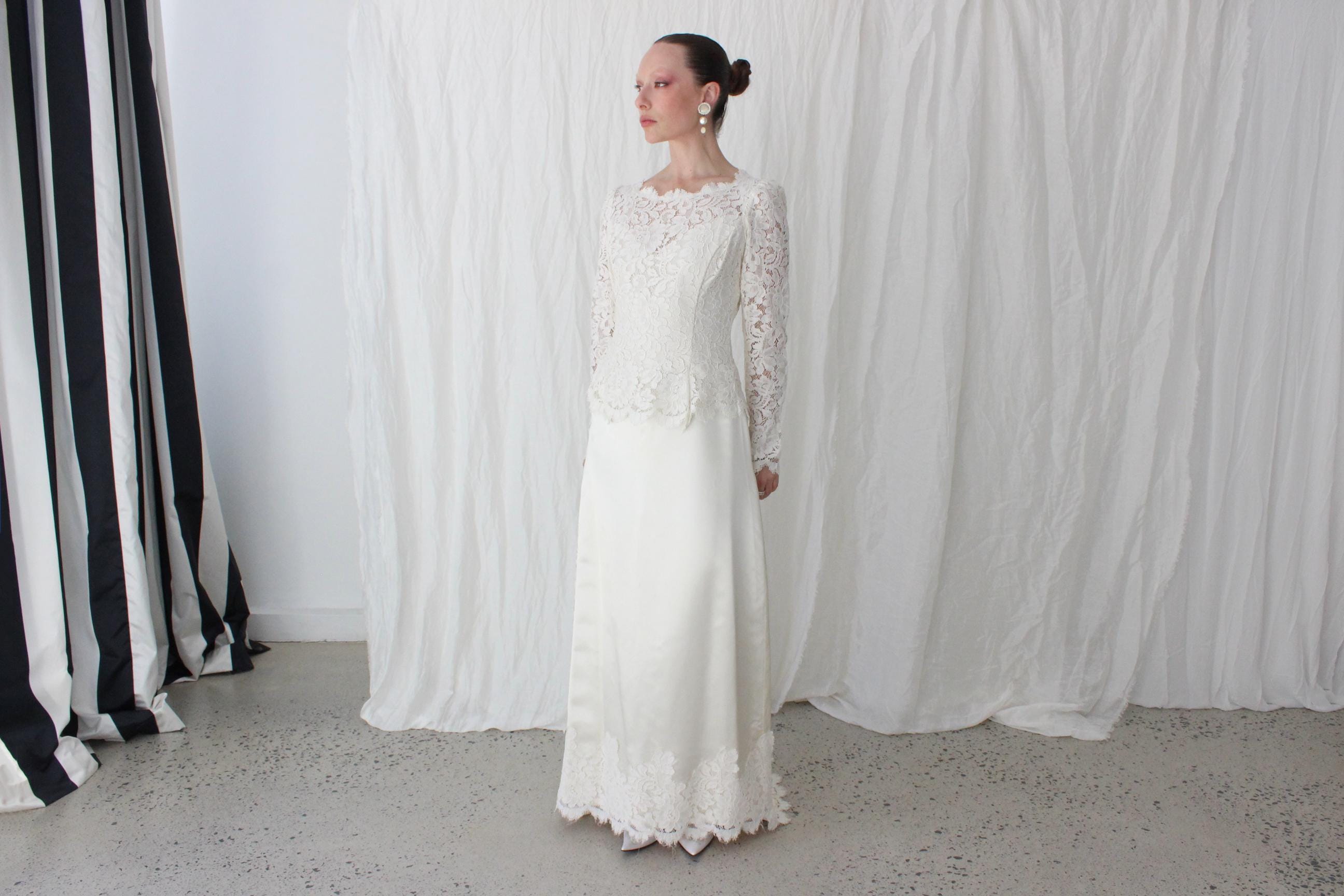 Handmade 80s Scalloped Lace & Satin Long Sleeve Gown