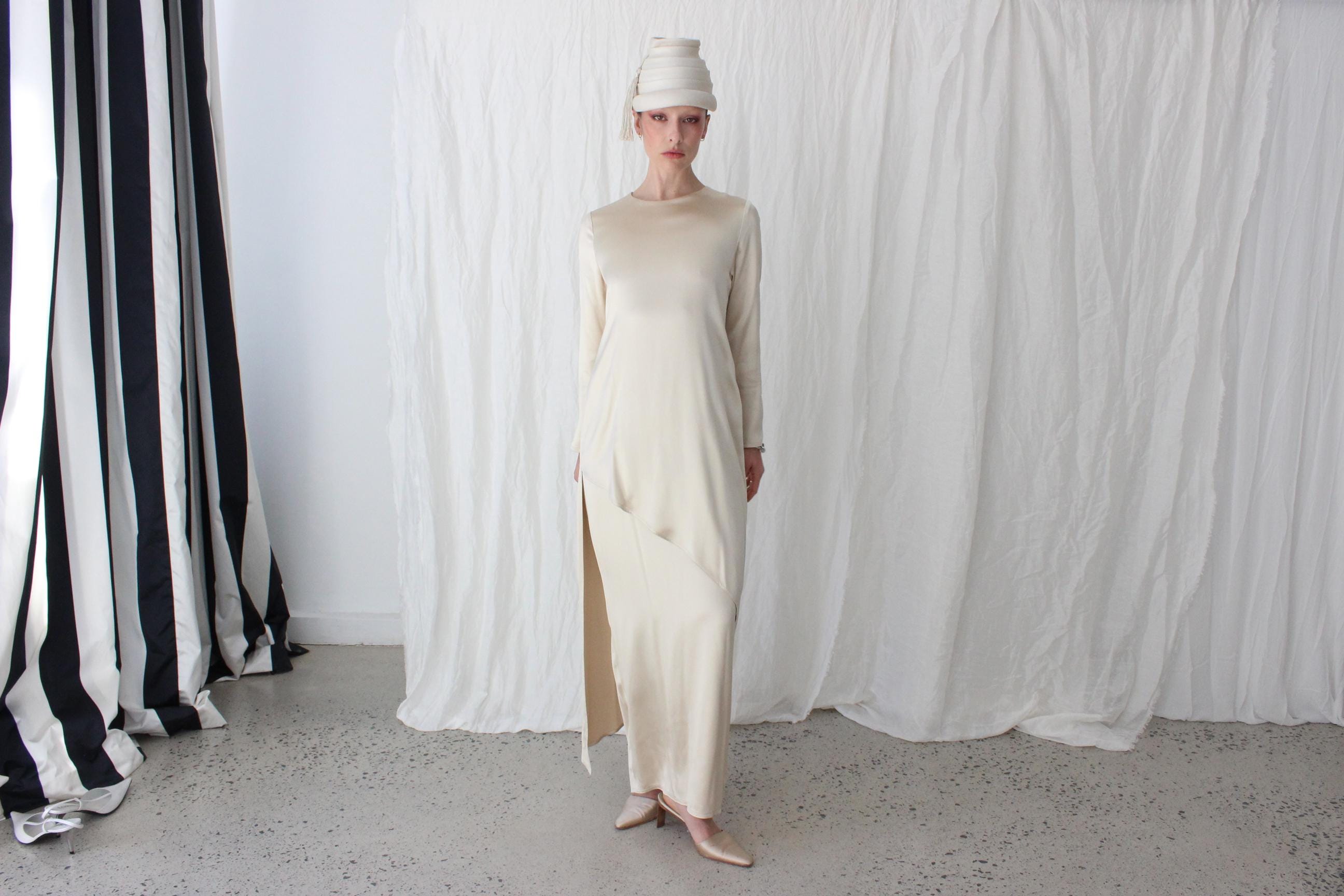 Abstract 80s Silk Satin Double Layer Sheath Gown