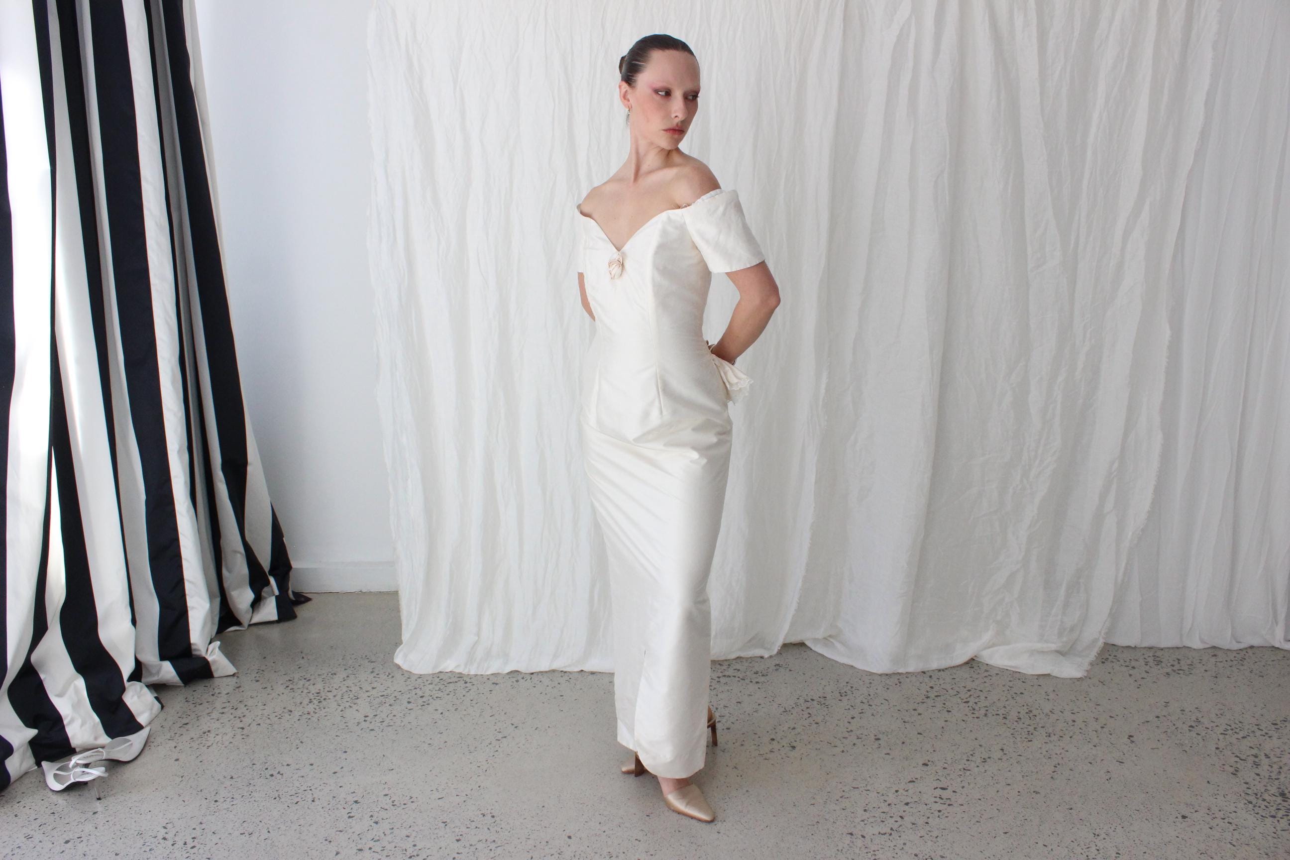 80s Silk Dupion Off Shoulder Column Gown w/ Rosettes