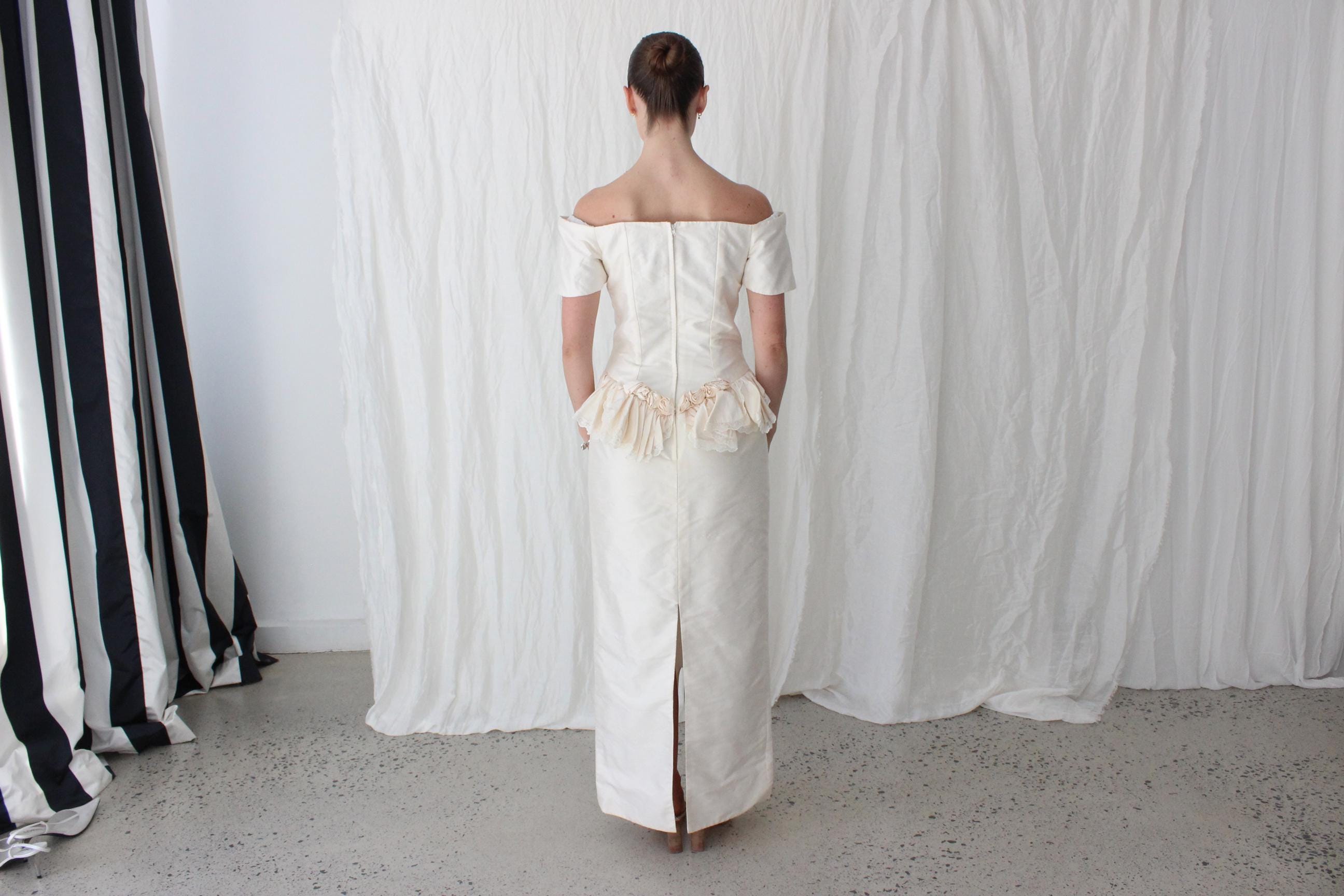 80s Silk Dupion Off Shoulder Column Gown w/ Rosettes