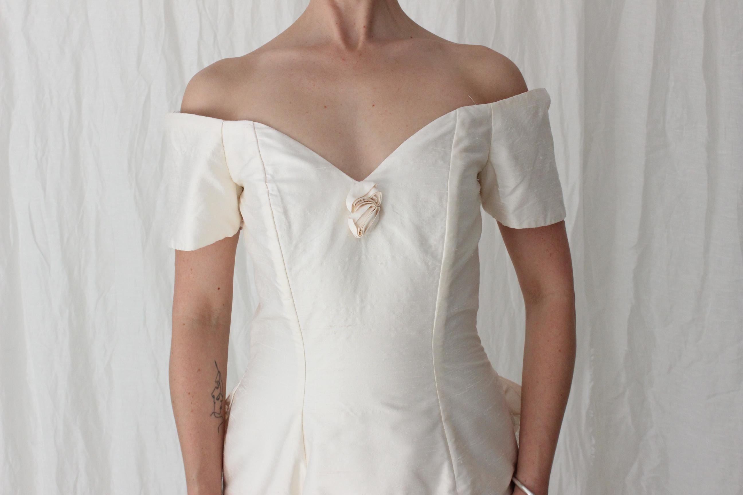 80s Silk Dupion Off Shoulder Column Gown w/ Rosettes