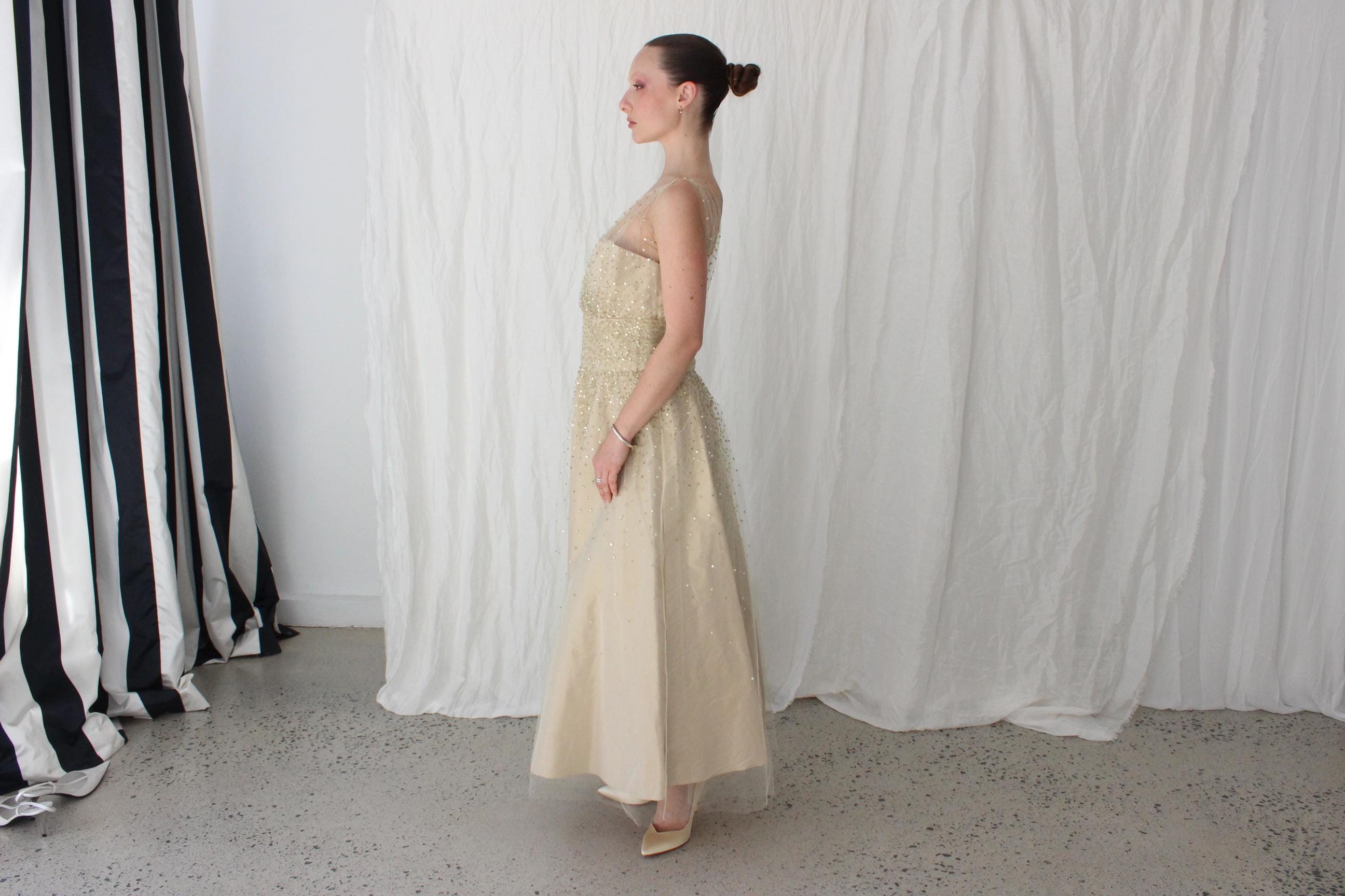 Old Hollywood Glamour Silk Taffeta & Sequin Tulle Cocktail Gown by Roland Nivelais