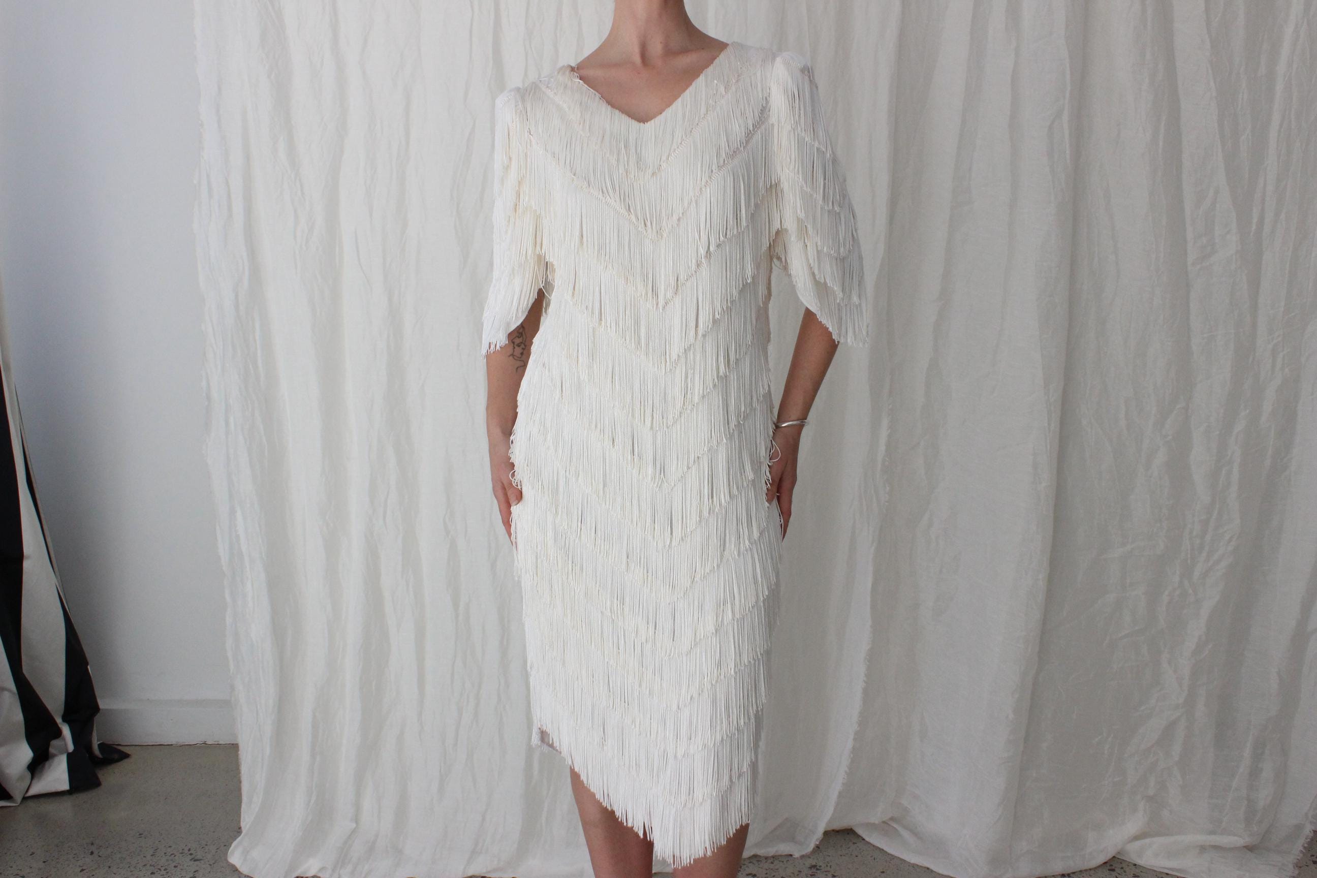 80s Lush Tassel Cha Cha Bridal Cocktail Dress