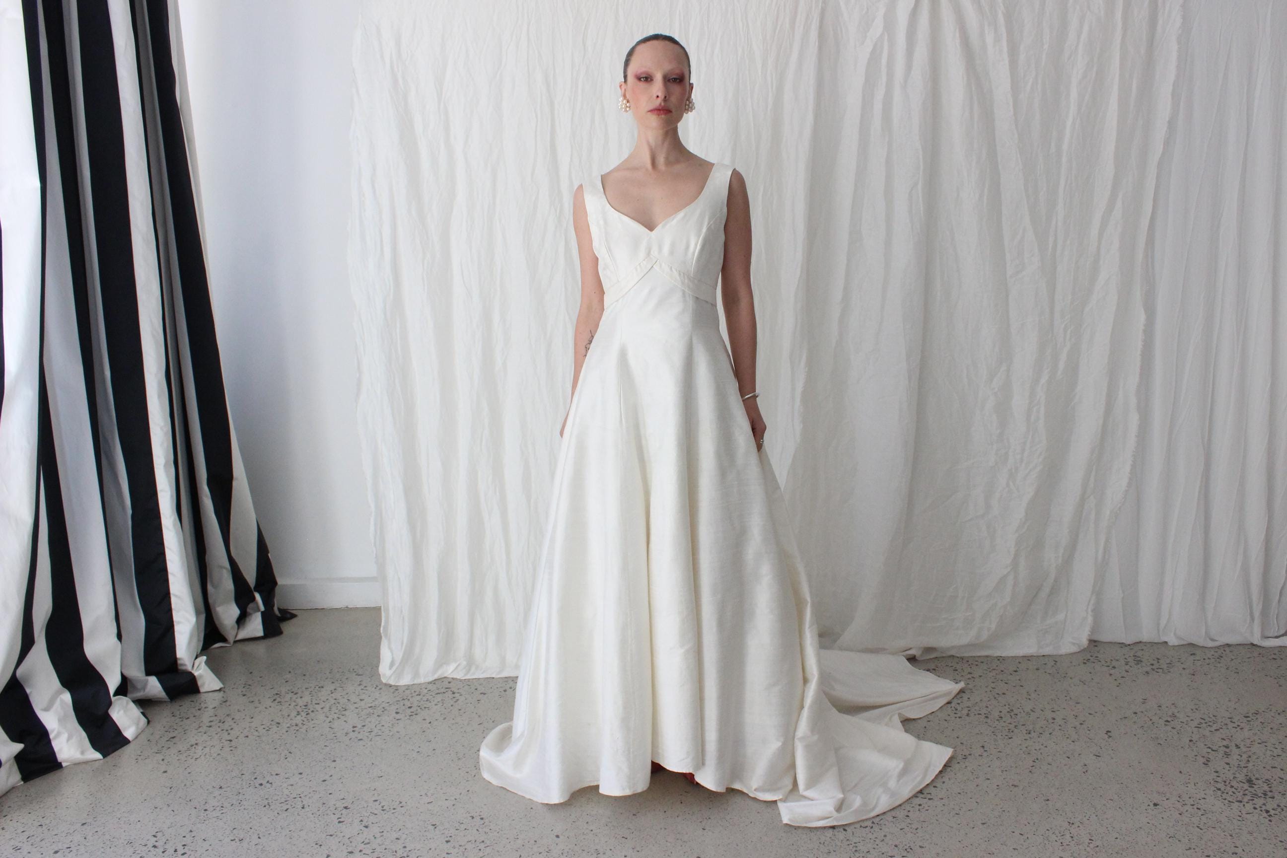 90s British Vintage Silk Dupion Empire Waist A Line Gown