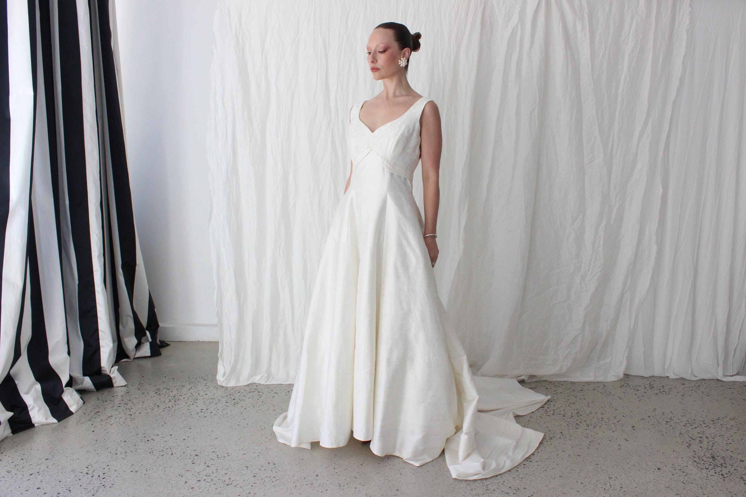 90s British Vintage Silk Dupion Empire Waist A Line Gown