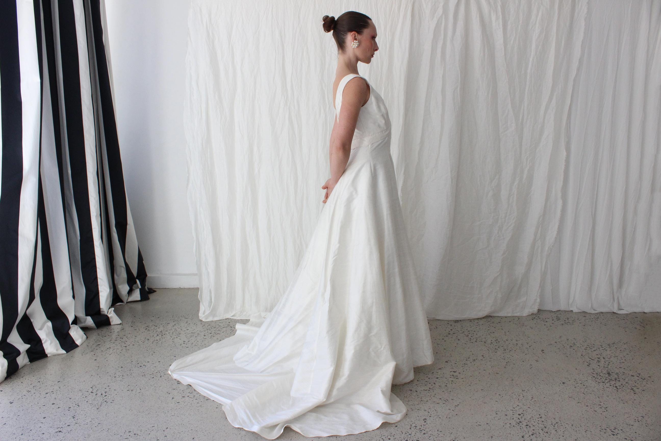 90s British Vintage Silk Dupion Empire Waist A Line Gown
