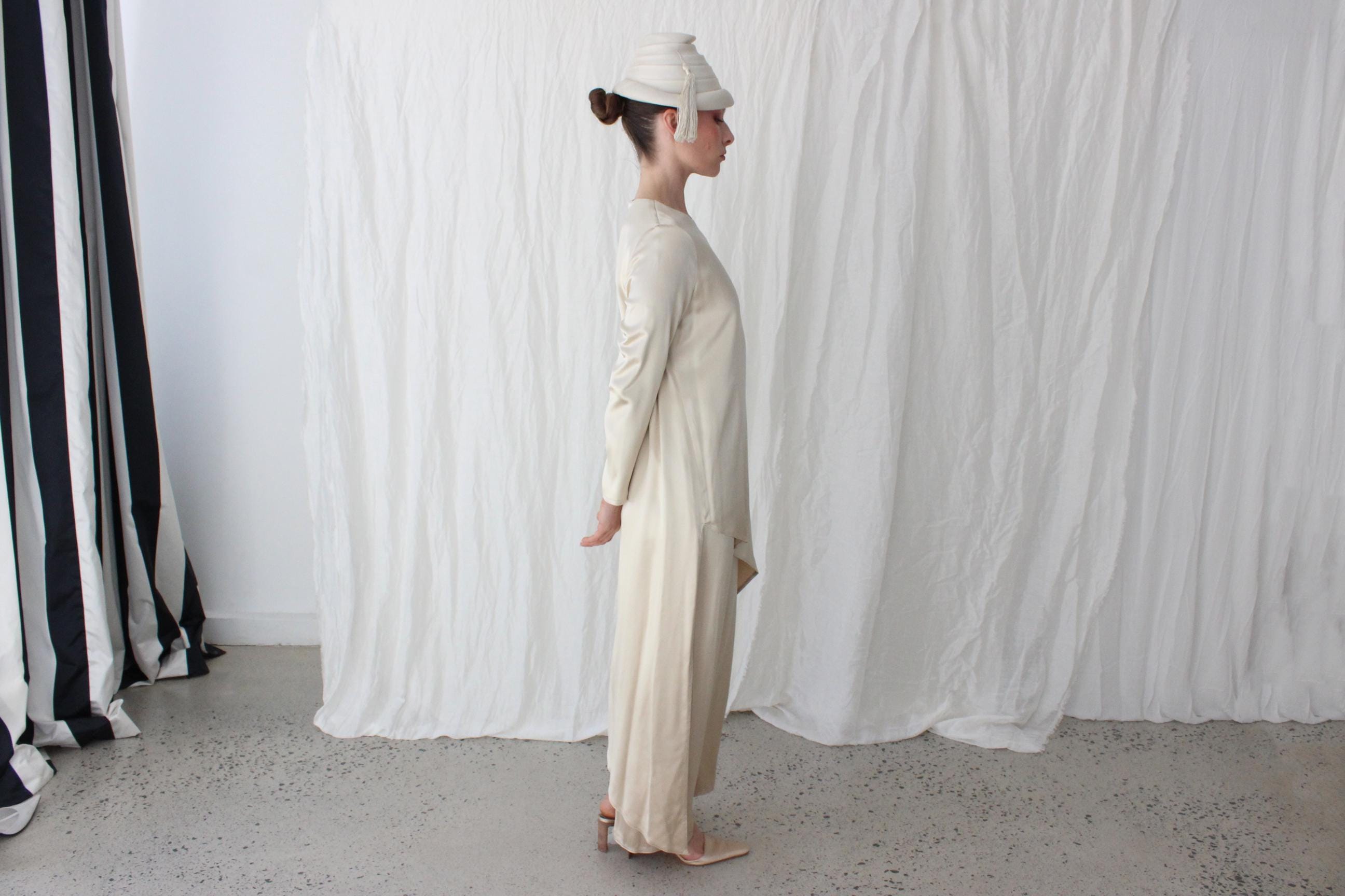 50s Sculptural Beige Beehive Hat w/ Tassel