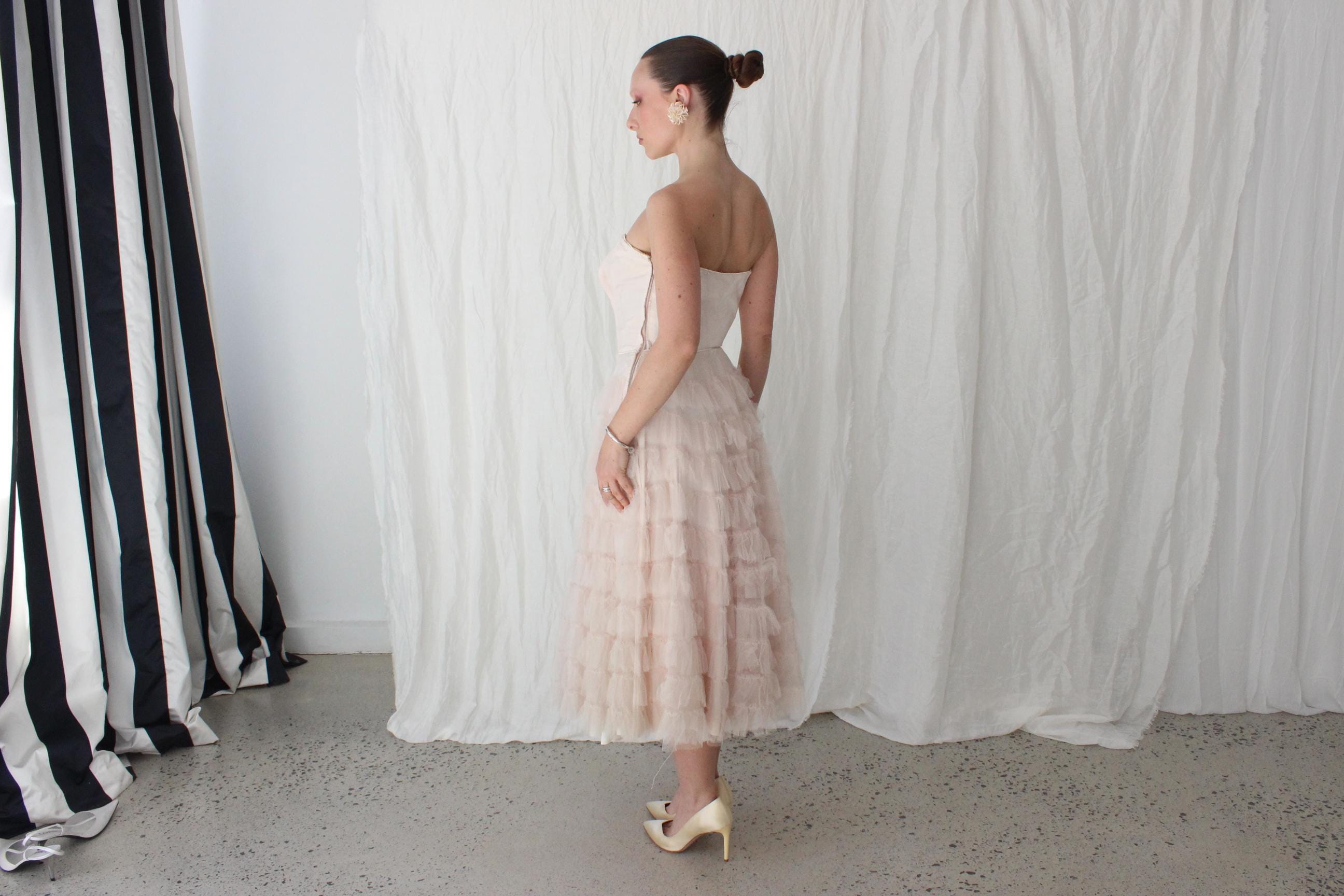 1950s Blush Pink Tiered Tulle Cocktail Dress