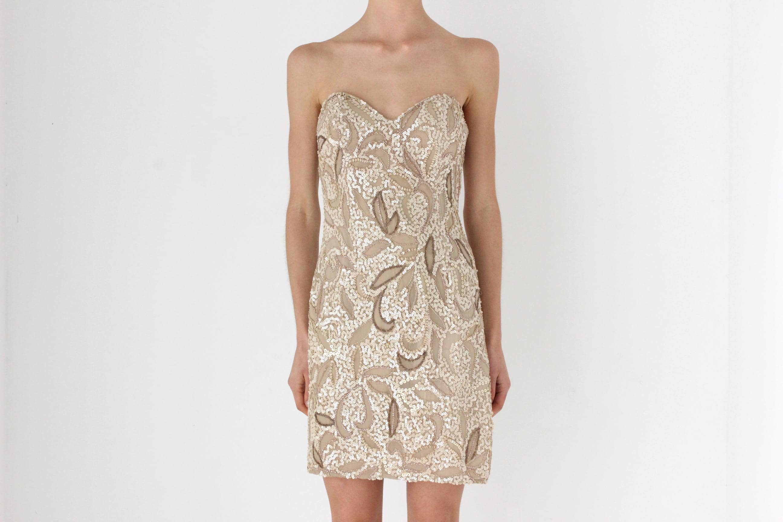 80s Tan / Nude / Golden Sequin & Silk Strapless Mini