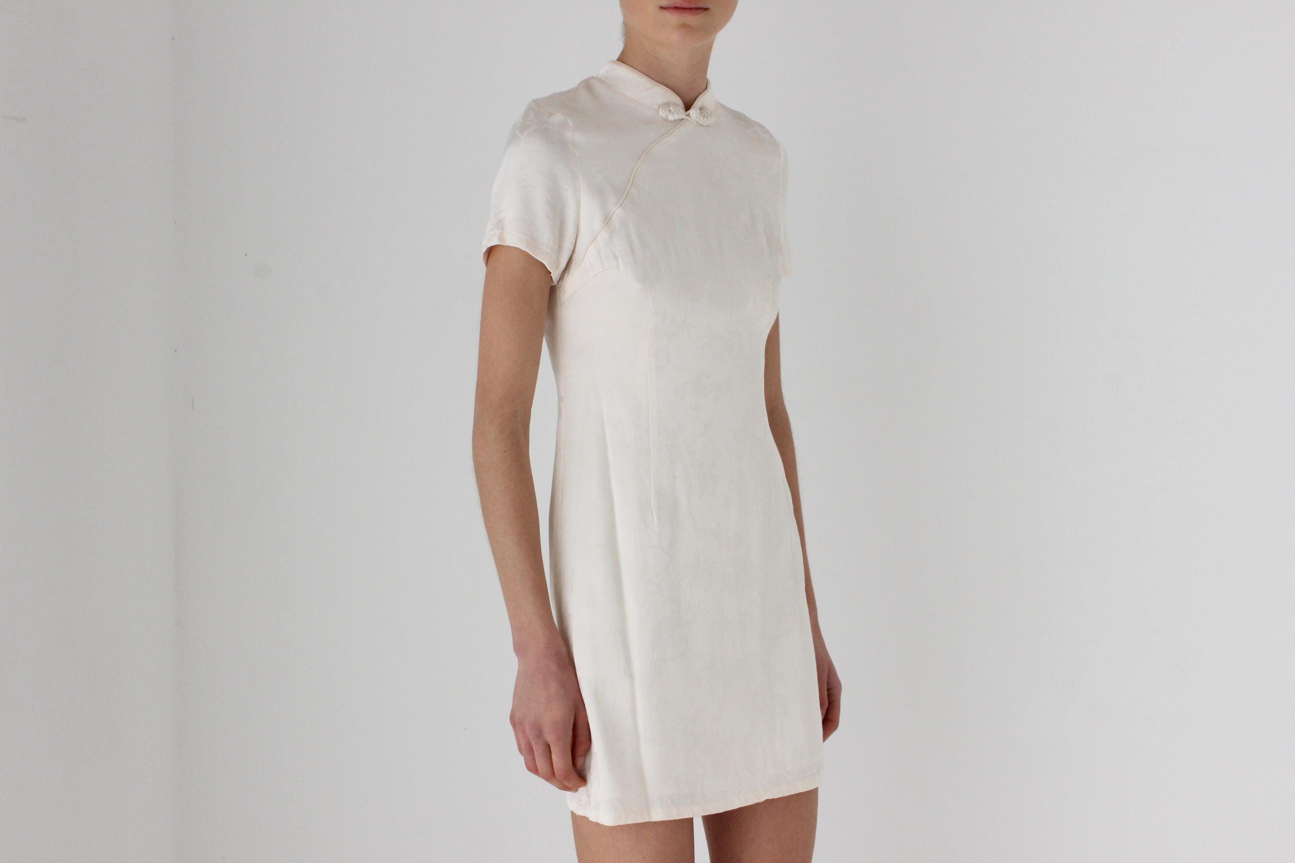 80s Mandarin Collar Embossed Satin Mini
