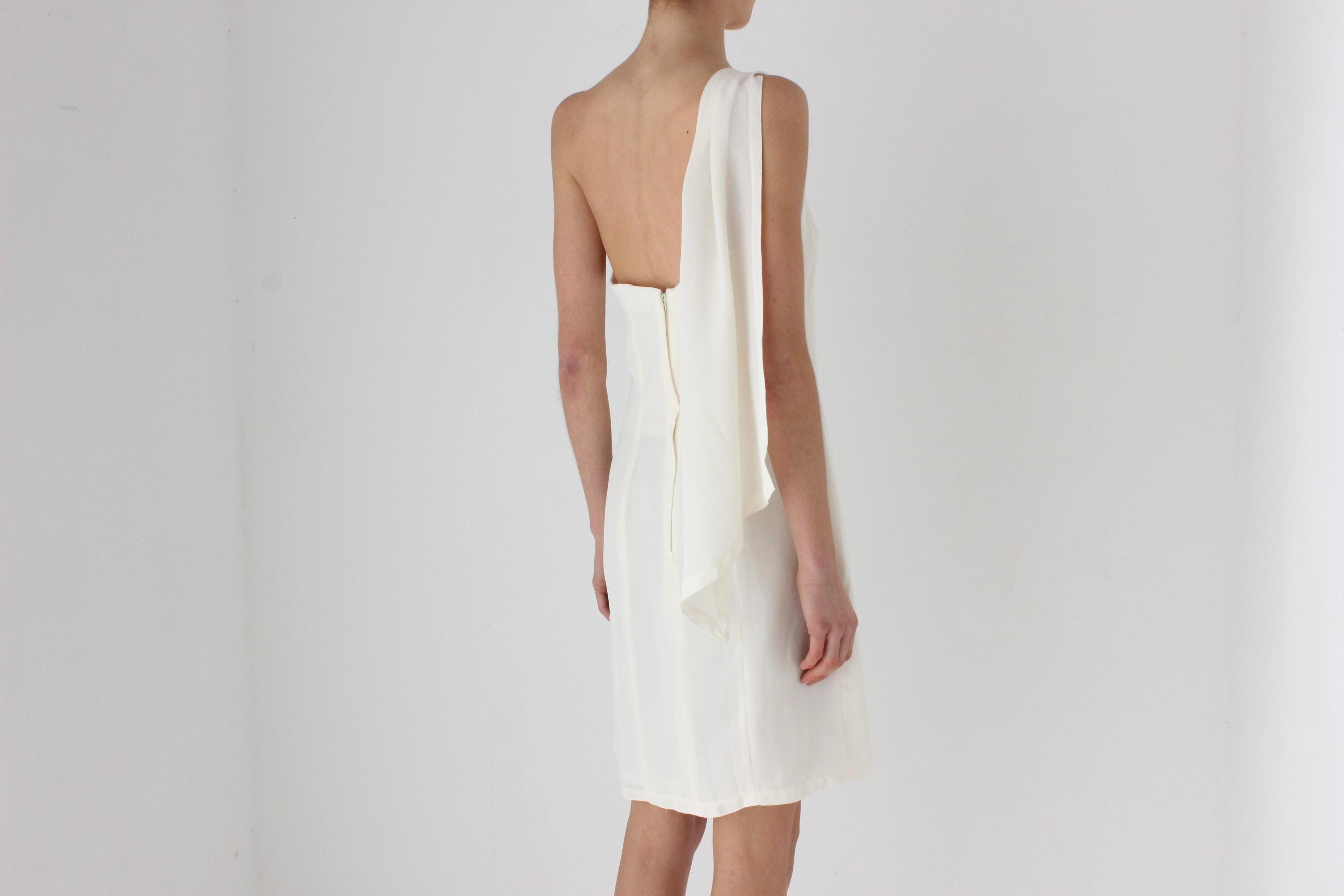 80s Cream Crepe Asymmetric One Shoulder Vintage Cocktail Dress w/ Draped Detail