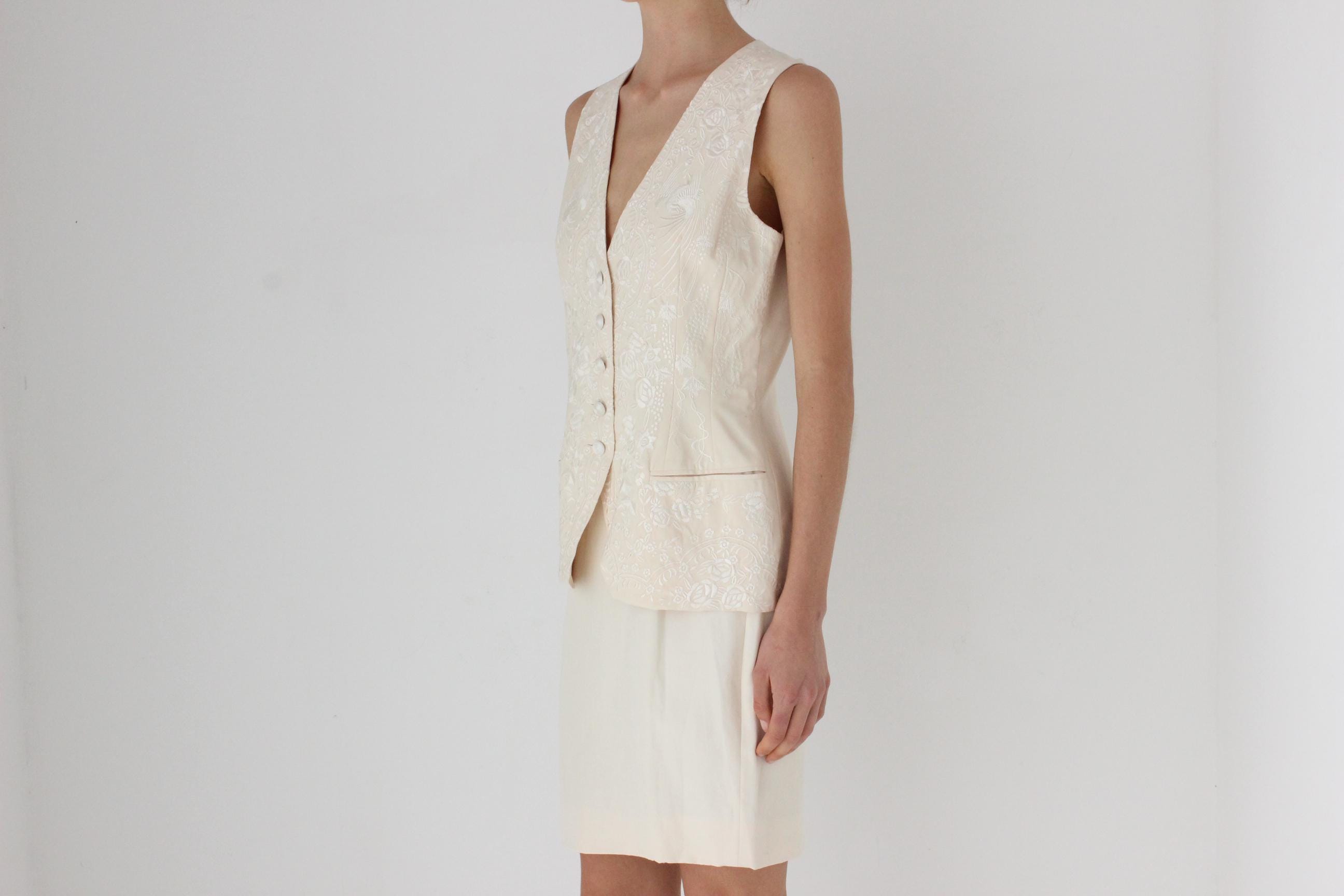 90s Donna Karan Embroidered Silk Two Piece Skirt Suit