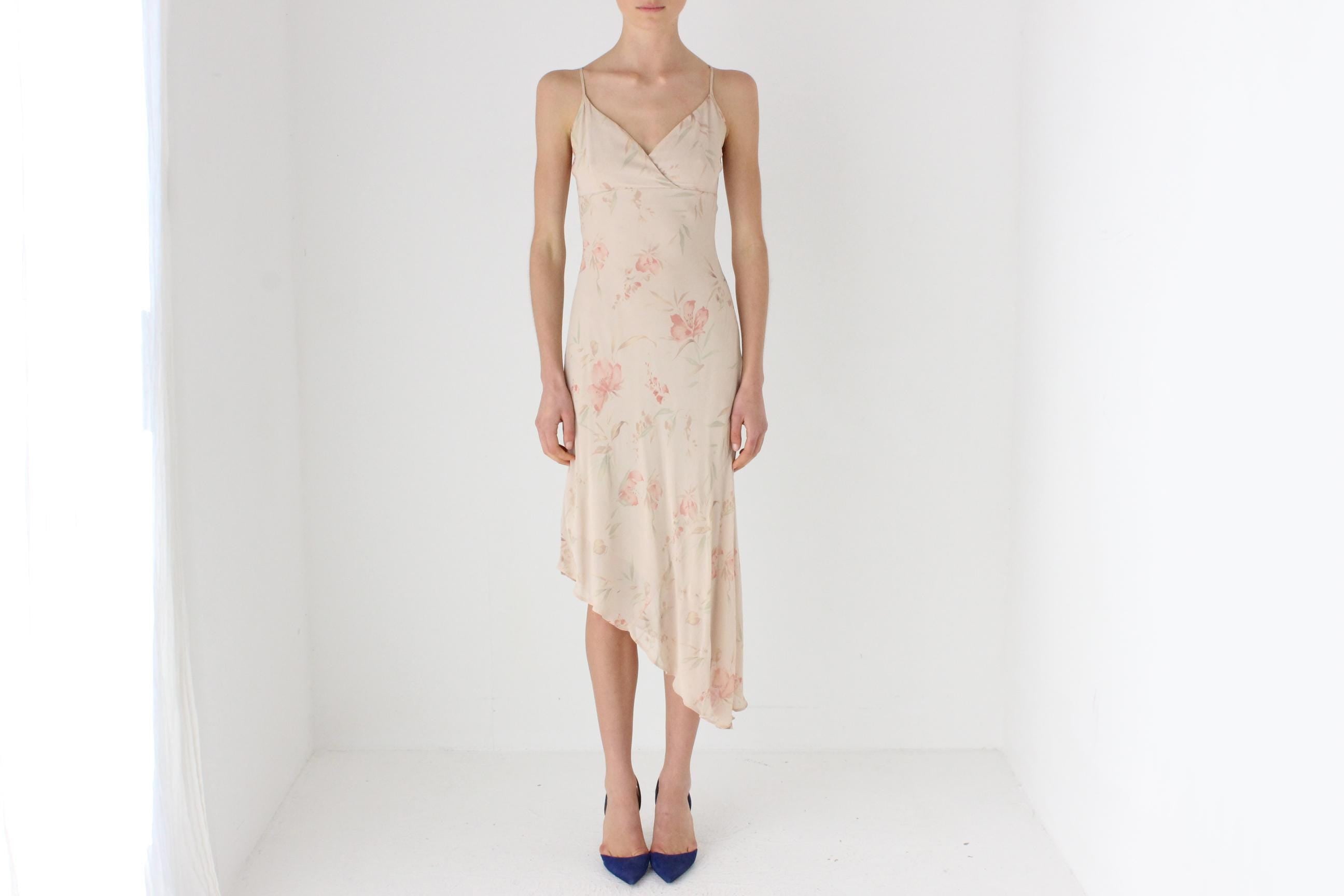Y2K Floral Crepe Asymmetric Bias Cut Slip