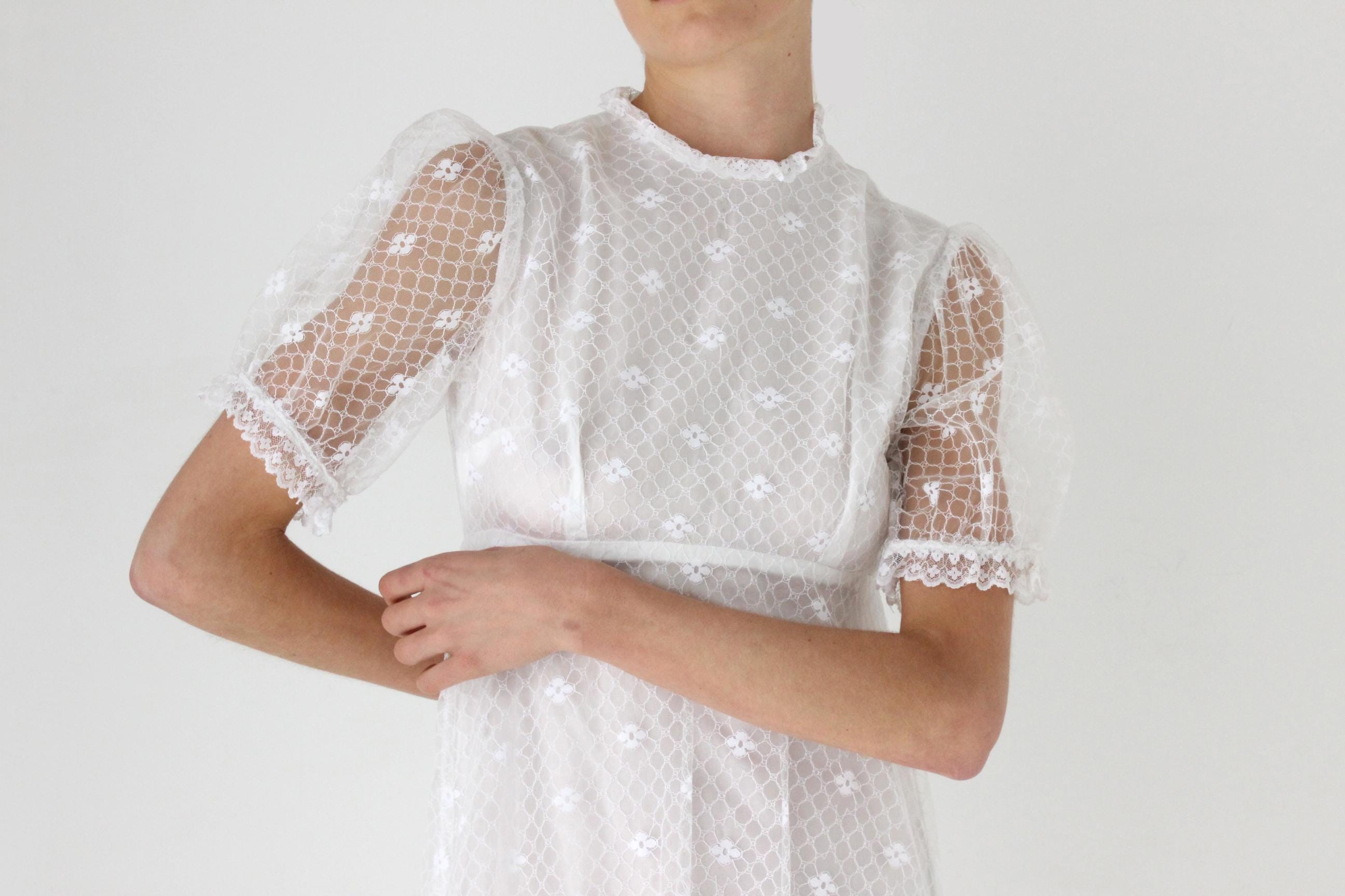 70s Edwardian Revival Floral Lace Wedding Gown